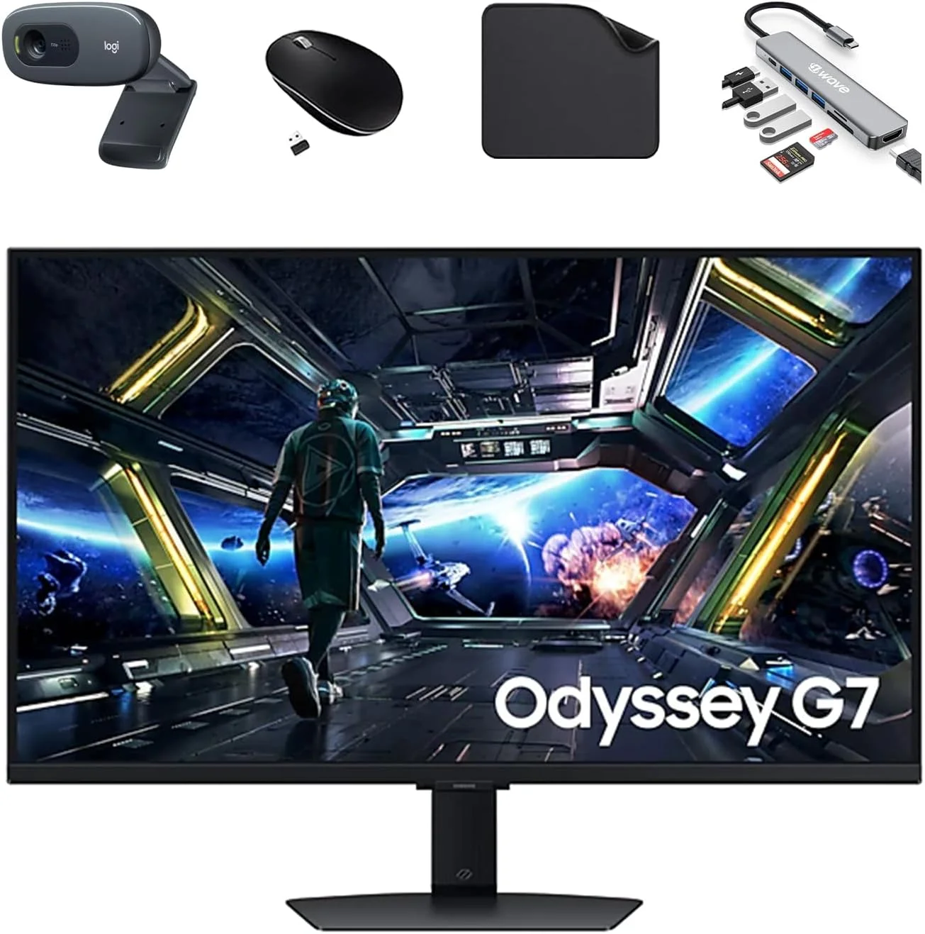 مانیتور گیمینگ 32 اینچی 4K UHD سامسونگ G7 G70D Odyssey - نرخ تازه‌سازی 144 هرتز، زمان پاسخگویی 1 میلی‌ثانیه، IPS، HDR10+، NVIDIA G-SYNC & AMD FreeSync Premium Pro، محافظت از چشم، شامل هاب 7 در 1 First Wave، وب‌کم، ماوس و ماوس‌پد - LS32DG702EMXUE