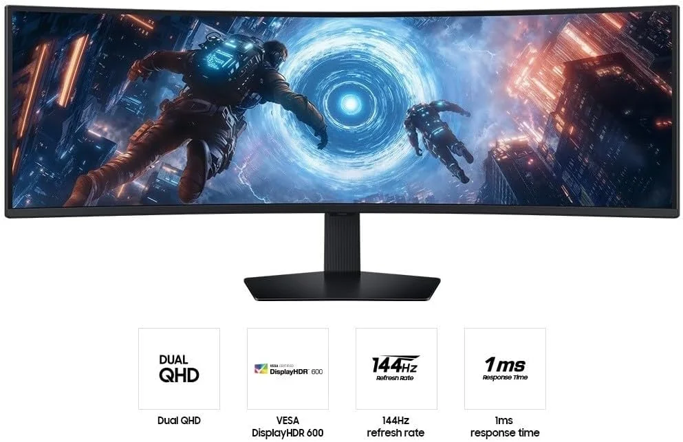 مانیتور گیمینگ 49 اینچی سامسونگ Odyssey G9 G91F با رزولوشن DQHD، صفحه نمایش خمیده 1000R، نرخ تازه سازی 144 هرتز، زمان پاسخگویی 1 میلی ثانیه و پایه ارگونومیک - LS49FG910EMXUE
