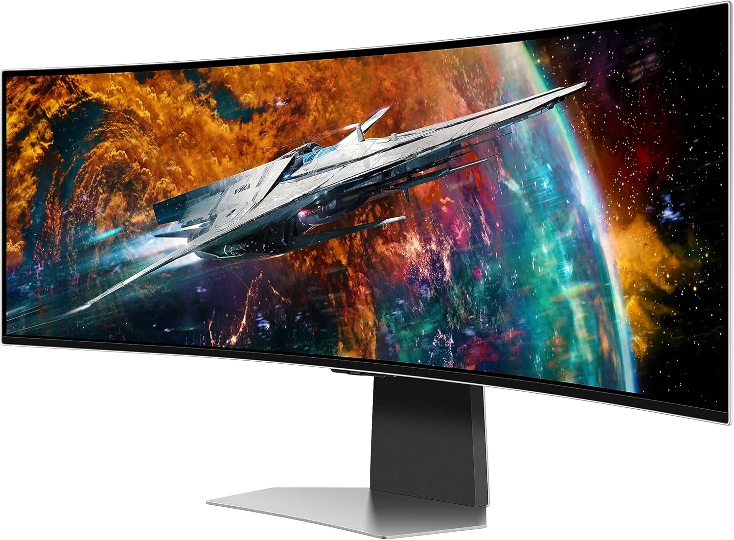 مانیتور گیمینگ خمیده 49 اینچی سامسونگ مدل Odyssey OLED G9 G95SC با پنل QD OLED، رزولوشن 5120x1440، نرخ تازه‌سازی 240 هرتز، زمان پاسخگویی 0.03 میلی‌ثانیه، همراه با بلندگو و کنترل از راه دور