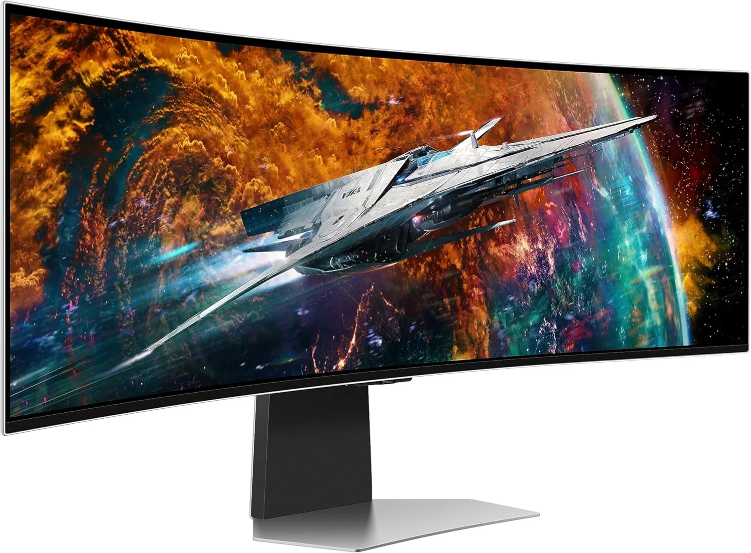 مانیتور گیمینگ خمیده 49 اینچی سامسونگ مدل Odyssey OLED G9 G95SC با پنل QD OLED، رزولوشن 5120x1440، نرخ تازه‌سازی 240 هرتز، زمان پاسخگویی 0.03 میلی‌ثانیه، همراه با بلندگو و کنترل از راه دور