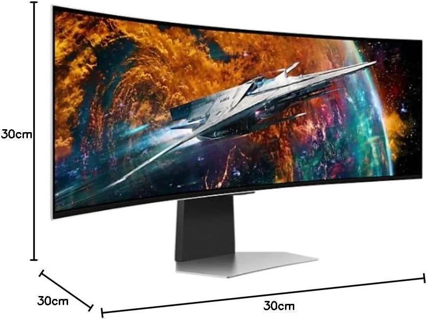 مانیتور گیمینگ خمیده 49 اینچی سامسونگ مدل Odyssey OLED G9 G95SC با پنل QD OLED، رزولوشن 5120x1440، نرخ تازه‌سازی 240 هرتز، زمان پاسخگویی 0.03 میلی‌ثانیه، همراه با بلندگو و کنترل از راه دور