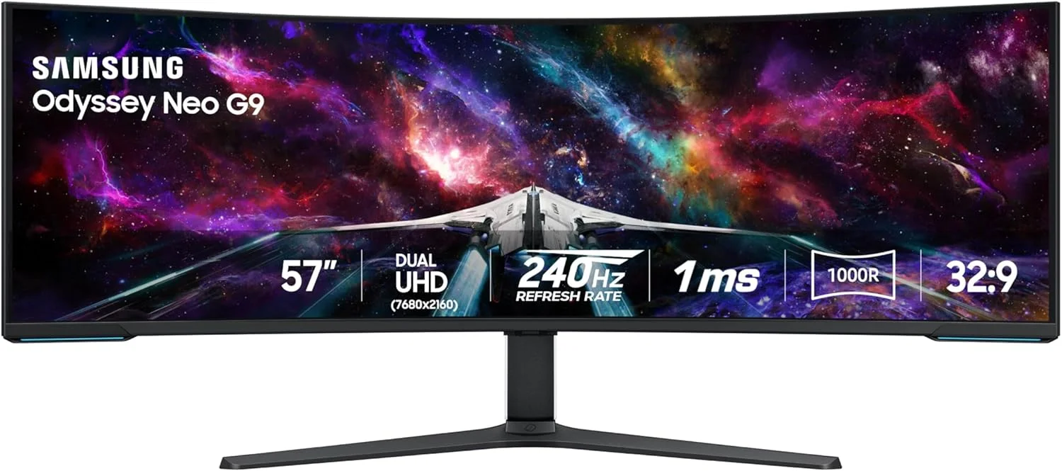 مانیتور گیمینگ خمیده 57 اینچی سامسونگ Odyssey Neo G9 Series Dual 4K UHD 1000R، نرخ نوسازی 240 هرتز، زمان پاسخگویی 1 میلی‌ثانیه با DisplayPort 2.1، Quantum Mini-LED، DisplayHDR 1000، AMD FreeSync Premium Pro، LS57CG952NNXZA، 2023