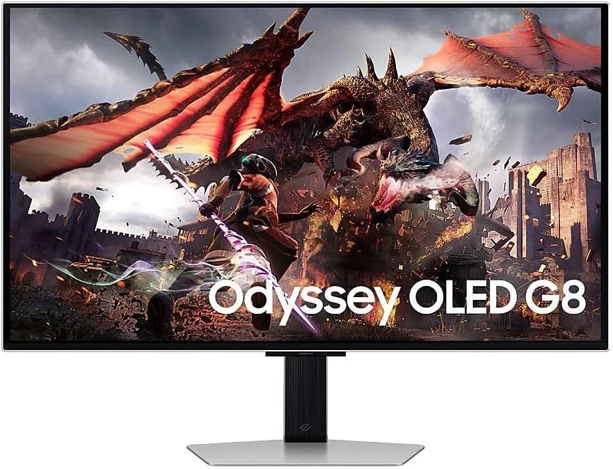 مانیتور گیمینگ OLED سامسونگ Odyssey G80SD، 32 اینچ، ارتقاء کیفیت تصویر 4K با هوش مصنوعی، صفحه نمایش UHD، 3840 x 2160، 240 هرتز، زمان پاسخگویی 0.03 میلی‌ثانیه (G/G)، Nvidia G-Sync و AMD FreeSync Premium Pro، LS32DG800SUXEN