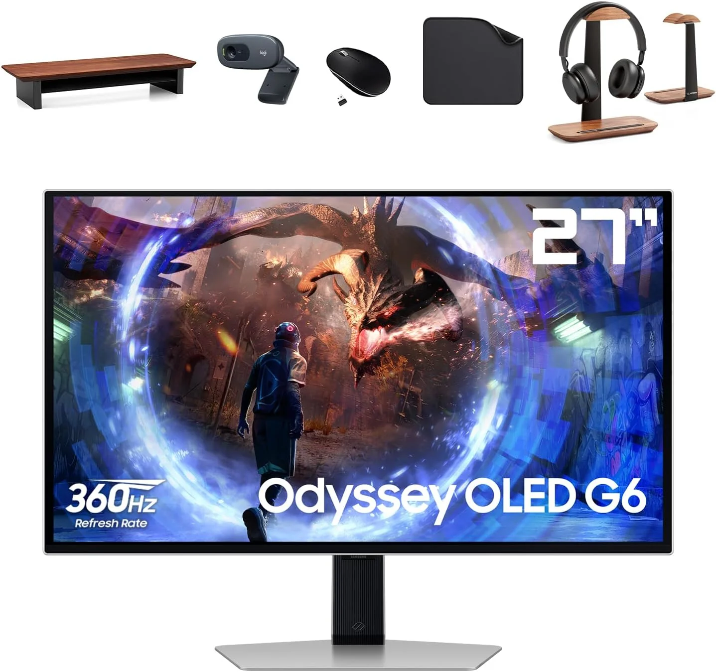 مانیتور گیمینگ 27 اینچی Samsung Odyssey OLED G6 QHD 360Hz - OLED، 0.03ms، FreeSync Premium - همراه با پایه مانیتور 1st Wave™، پایه هدست، وب کم، ماوس و ماوس پد - LS27DG602SMXUE