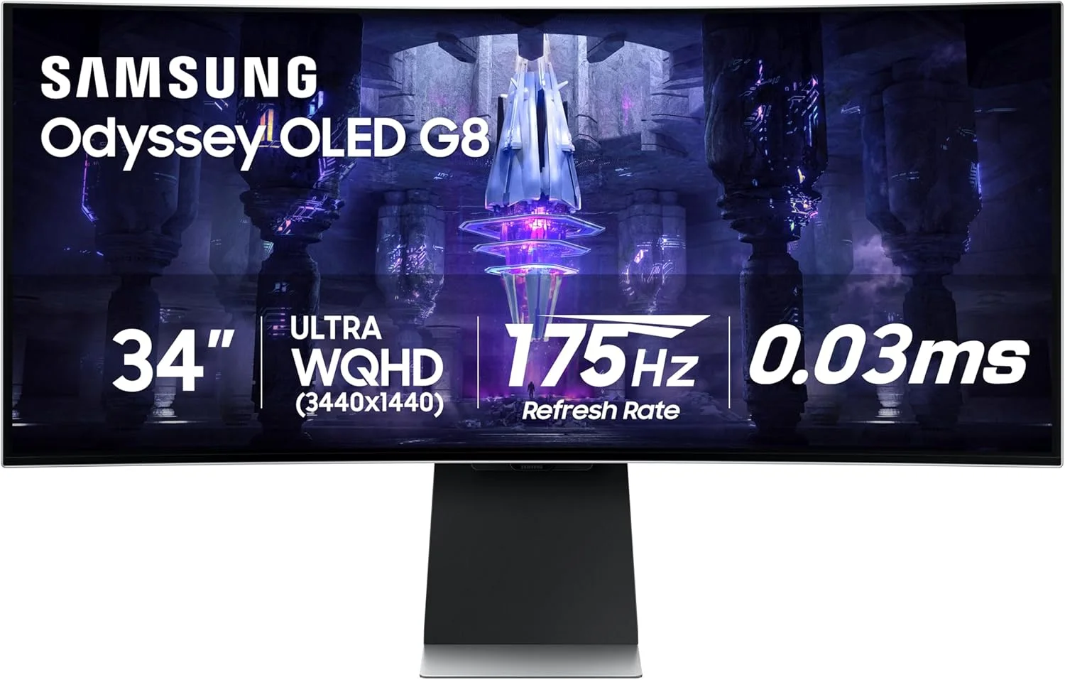 مانیتور گیمینگ خمیده 34 اینچی SAMSUNG Odyssey G85SB Series QD-OLED Ultra WQHD، نرخ نوسازی 175 هرتز، زمان پاسخگویی 0.03 میلی‌ثانیه، DisplayHDR True Black 400، AMD FreeSync Premium Pro، استریم پیشرفته بازی، LS34BG850SNXZA، 2023