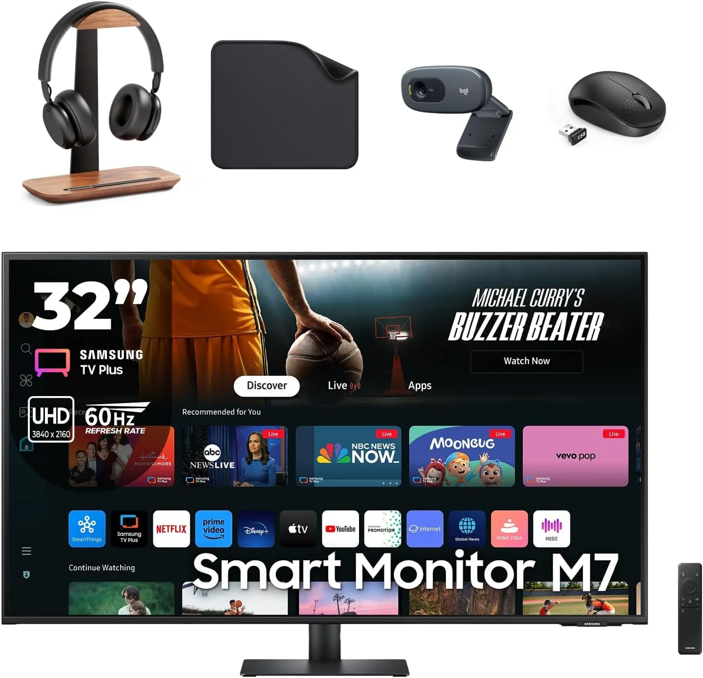مانیتور هوشمند 32 اینچی سامسونگ M70D با کیفیت 4K UHD، برنامه‌های تلویزیون هوشمند، دسترسی از راه دور، WiFi و بلوتوث - شامل پایه هدفون 1st Wave، وب کم، ماوس بی‌سیم و پد ماوس (LS32DM702UMXUE)