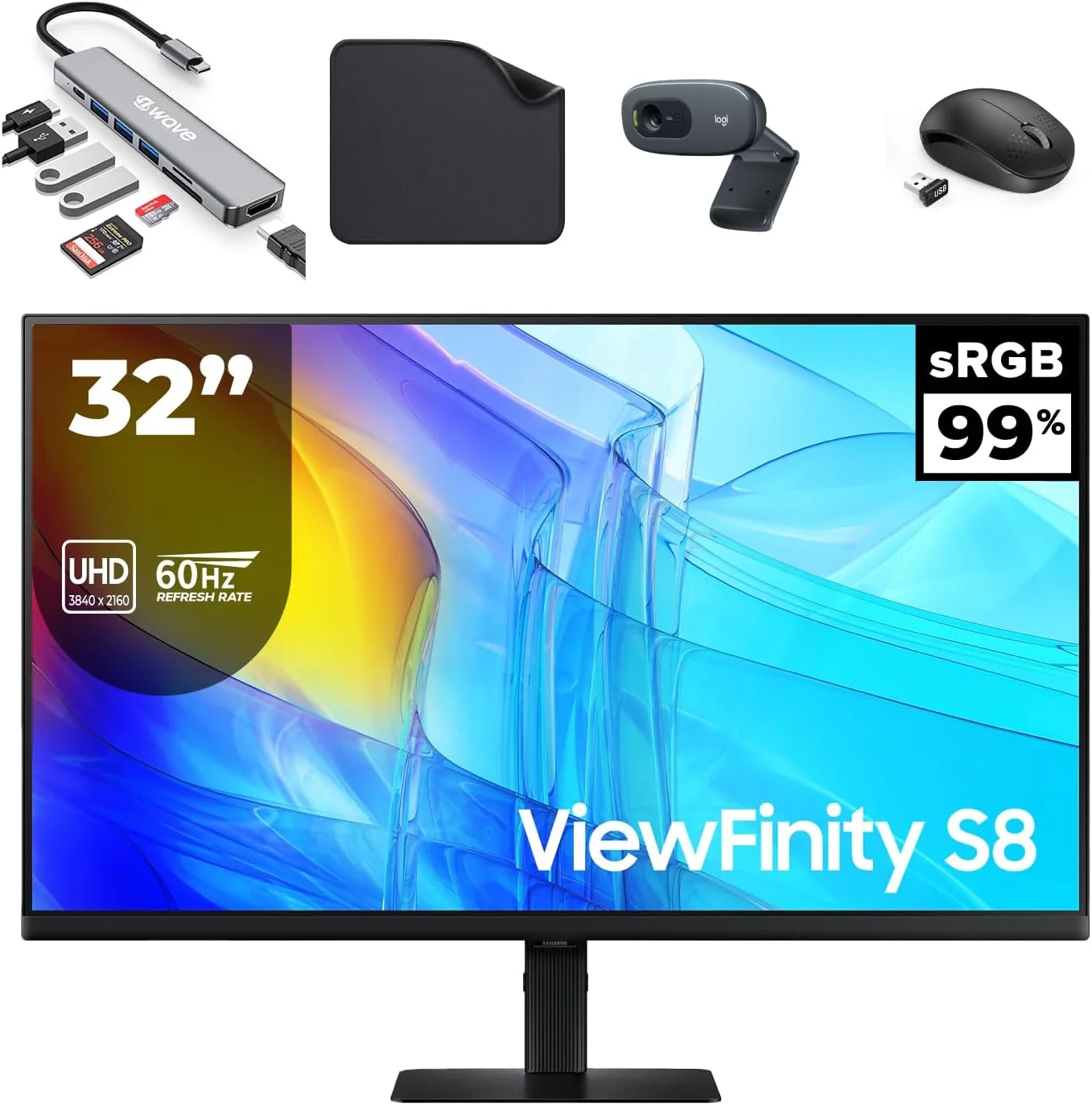 مانیتور 32 اینچ سامسونگ ViewFinity S8 S80D UHD - 4K UHD، USB-C، HDR10، پایه ارگونومیک - شامل بسته هاب 7 در 1، وب کم، ماوس بی سیم و پد ماوس فناوری 1st Wave (LS32D806EAMXUE)