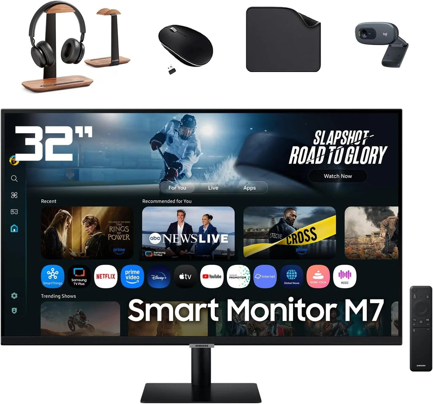 مانیتور هوشمند سامسونگ M7 M70F 32 اینچ 4K UHD با قابلیت های هوش مصنوعی سامسونگ، USB-C - برنامه های تلویزیون هوشمند، USB-C، IoT Hub، 60 هرتز - پایه هدفون، وب کم، ماوس و پد ماوس باندل موج اول - LS32FM702UMXUE