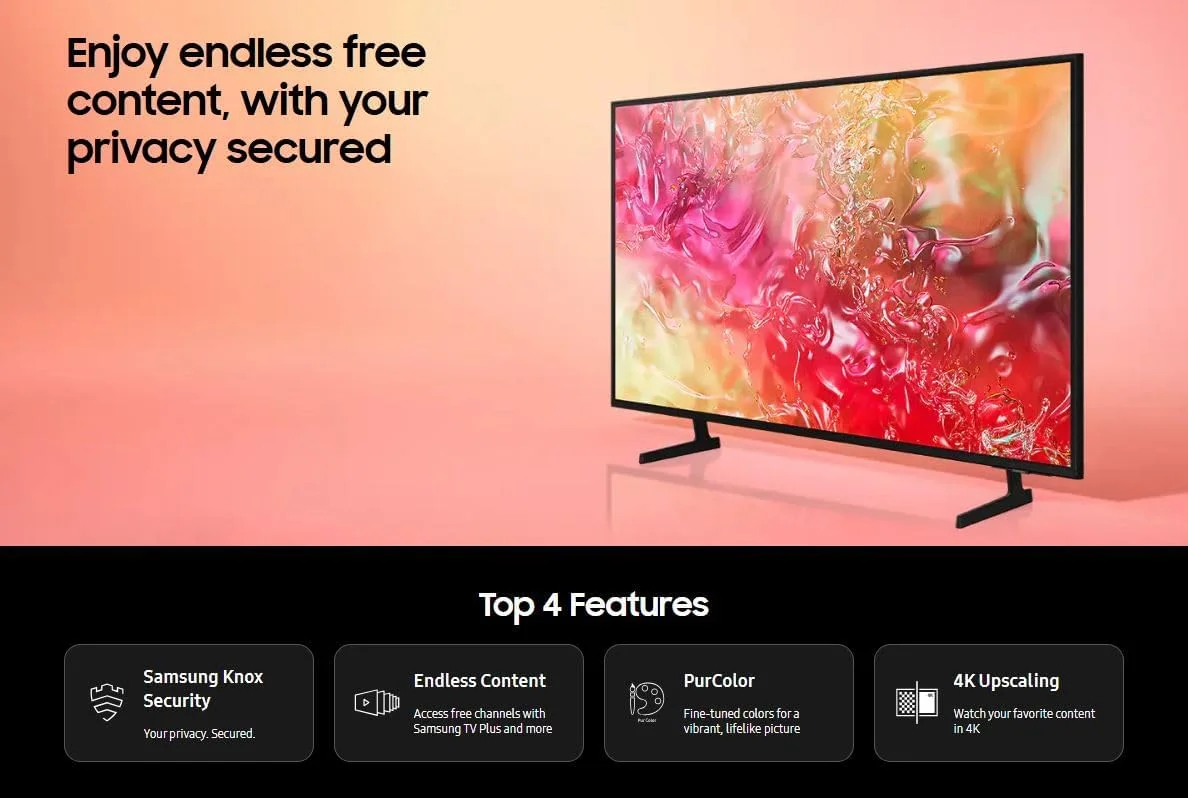 تلویزیون 65 اینچ کریستال UHD سامسونگ مدل DU7000، 4K، PurColor، ارتقاء کیفیت 4K، Samsung TV Plus، Q-Symphony، تلویزیون هوشمند Tizen، UA65DU7000UXZN (نسخه 2024 - امارات) تلویزیون 65 اینچ کریستال UHD سامسونگ مدل DU7000، 4K، PurColor، ارتقاء کیفیت 4K، Samsung TV Plus، Q-Symphony، تلویزیون هوشمند Tizen، UA65DU7000UXZN (نسخه 2024 - امارات)