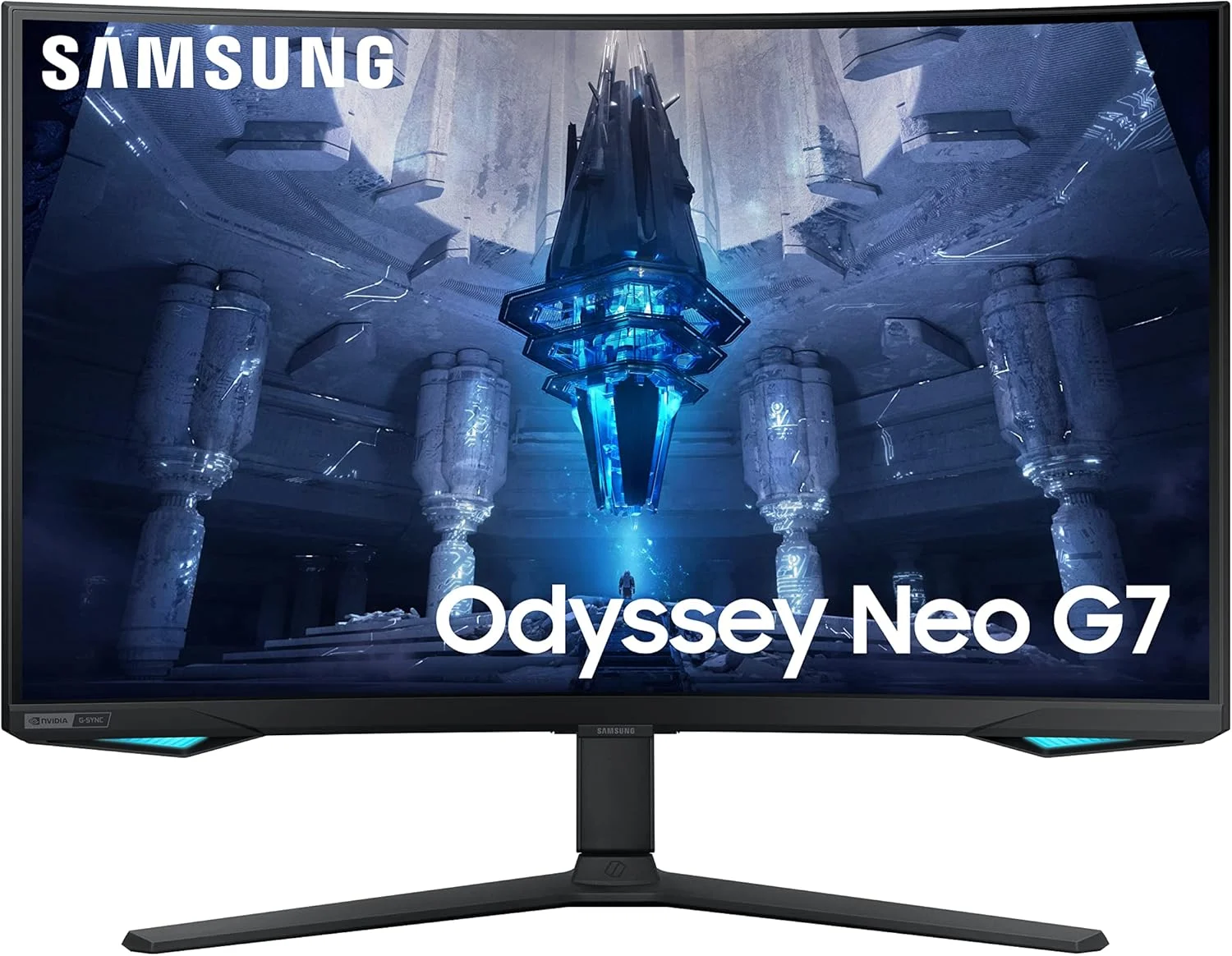 مانیتور گیمینگ خمیده 32 اینچی سامسونگ Odyssey Neo G7 4K UHD 165Hz 1ms G-Sync 1000R، Quantum HDR2000، AMD FreeSync Premium Pro، نمای فوق عریض بازی، DisplayPort، HDMI، پایه قابل تنظیم ارتفاع، مشکی، 2022