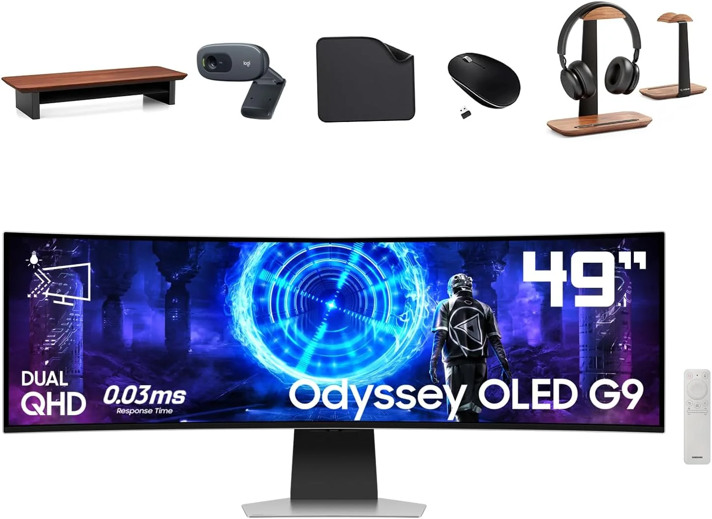 مانیتور گیمینگ خمیده 49 اینچی سامسونگ Odyssey OLED G9 - Dual QHD، 240 هرتز، 0.03 میلی‌ثانیه، HDR10+ | شامل پایه مانیتور، پایه هدست، وب‌کم، ماوس و پد ماوس 1st Wave - LS49DG952SMXUE