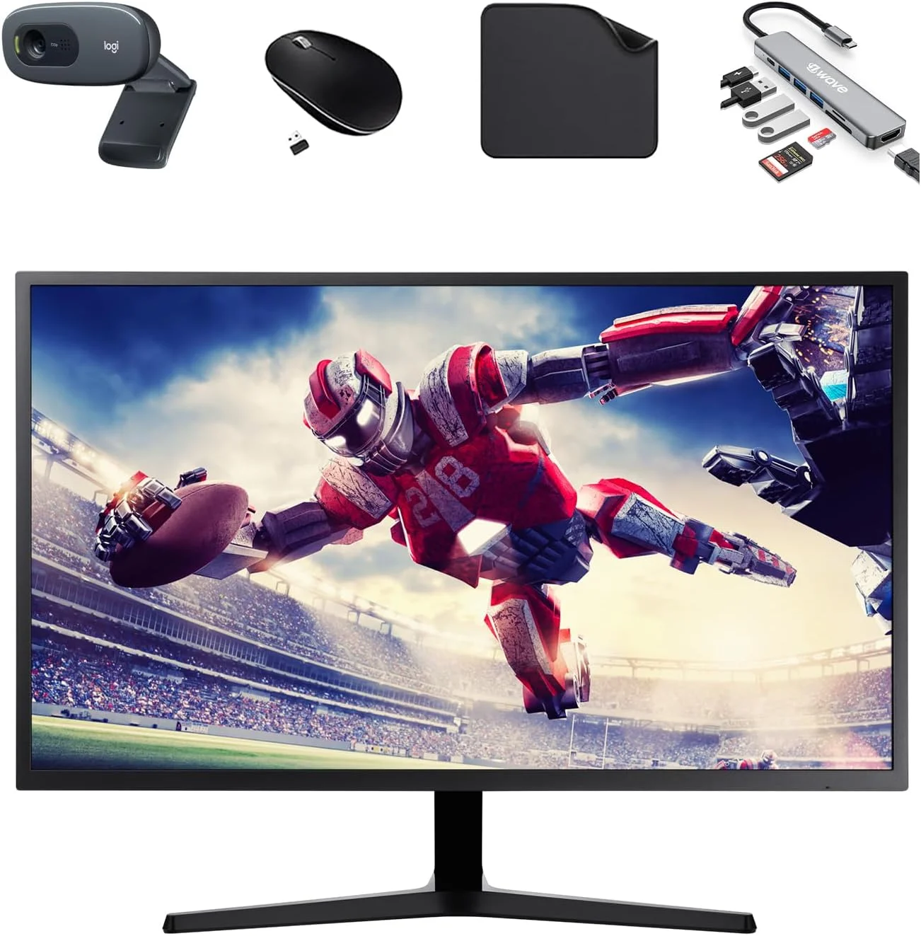 مانیتور 32 اینچ UHD سامسونگ - 4K (3840x2160)، 60 هرتز، پنل VA، 97% NTSC، حالت محافظ چشم، FreeSync - شامل هاب 7 در 1 فرست ویو، وب کم، ماوس و ماوس پد - LU32J590UQMXUE