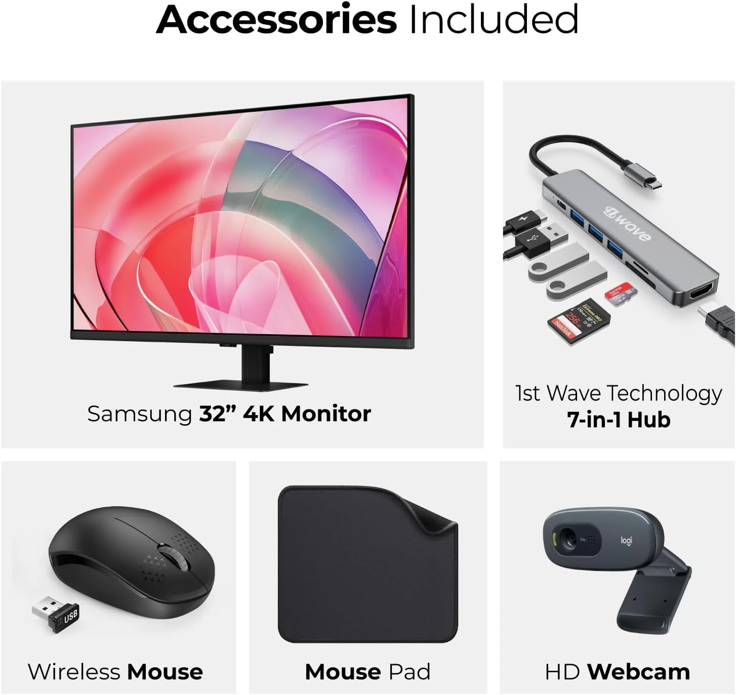 مانیتور 32 اینچ سامسونگ ViewFinity S7 UHD - 4K (3840x2160)، 60 هرتز، HDR10، 99% sRGB، پنل VA، حالت محافظ چشم، پایه قابل تنظیم - شامل هاب 7 در 1، وب کم، ماوس و ماوس پد - LS32D706EAMXUE