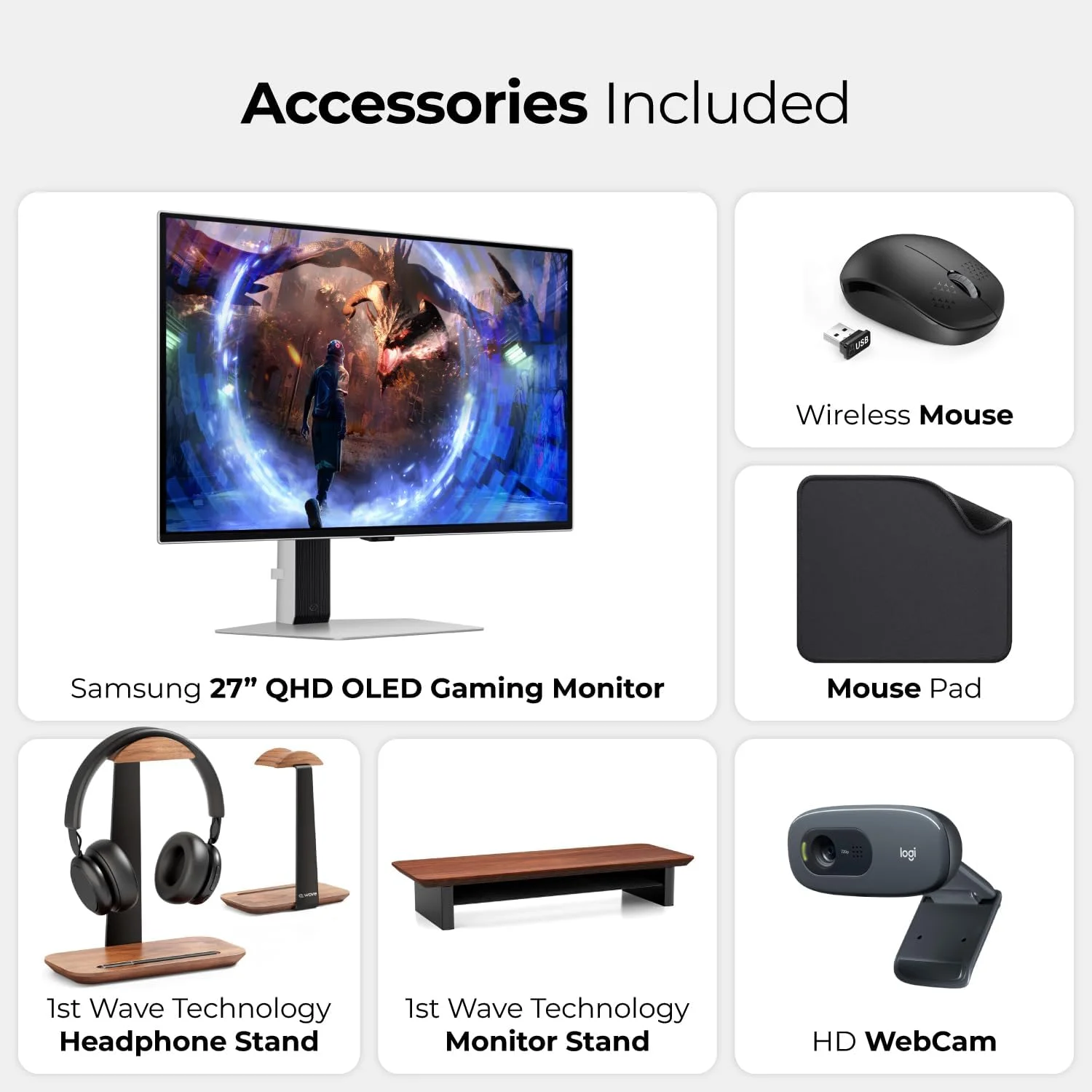 مانیتور گیمینگ 27 اینچی سامسونگ Odyssey OLED G6 QHD 360Hz - OLED، 0.03ms، FreeSync Premium - همراه با پایه مانیتور 1st Wave™، پایه هدست، وب کم، ماوس و ماوس پد - LS27DG602SMXUE