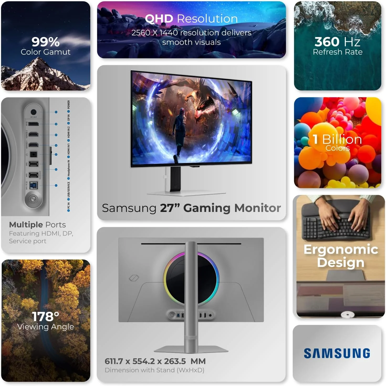 مانیتور گیمینگ 27 اینچی سامسونگ Odyssey OLED G6 QHD 360Hz - OLED، 0.03ms، FreeSync Premium - همراه با پایه مانیتور 1st Wave™، پایه هدست، وب کم، ماوس و ماوس پد - LS27DG602SMXUE