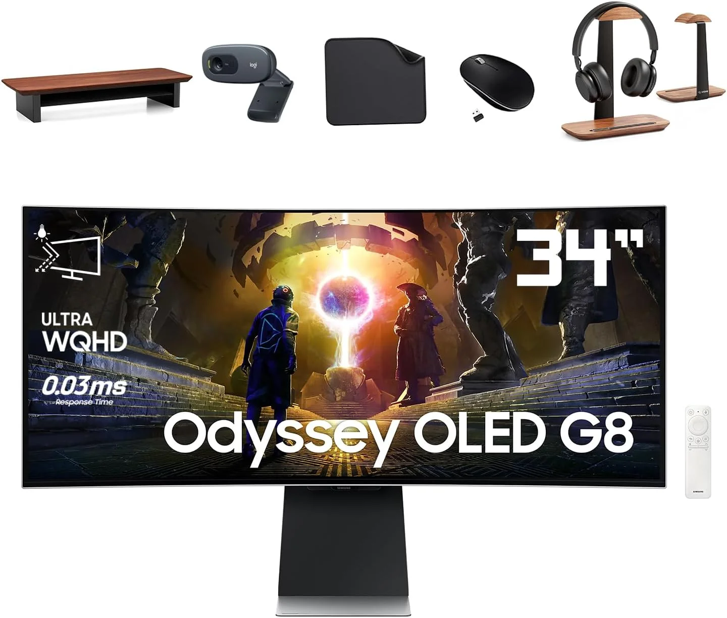 مانیتور گیمینگ خمیده 34 اینچی سامسونگ Odyssey OLED G8 Ultra-WQHD با نرخ نوسازی 175 هرتز و زمان پاسخگویی 0.03 میلی‌ثانیه HDR10 + پایه مانیتور، پایه هدست، وب‌کم 1080p، ماوس و ماوس‌پد فرست ویو - LS34DG852SMXUE