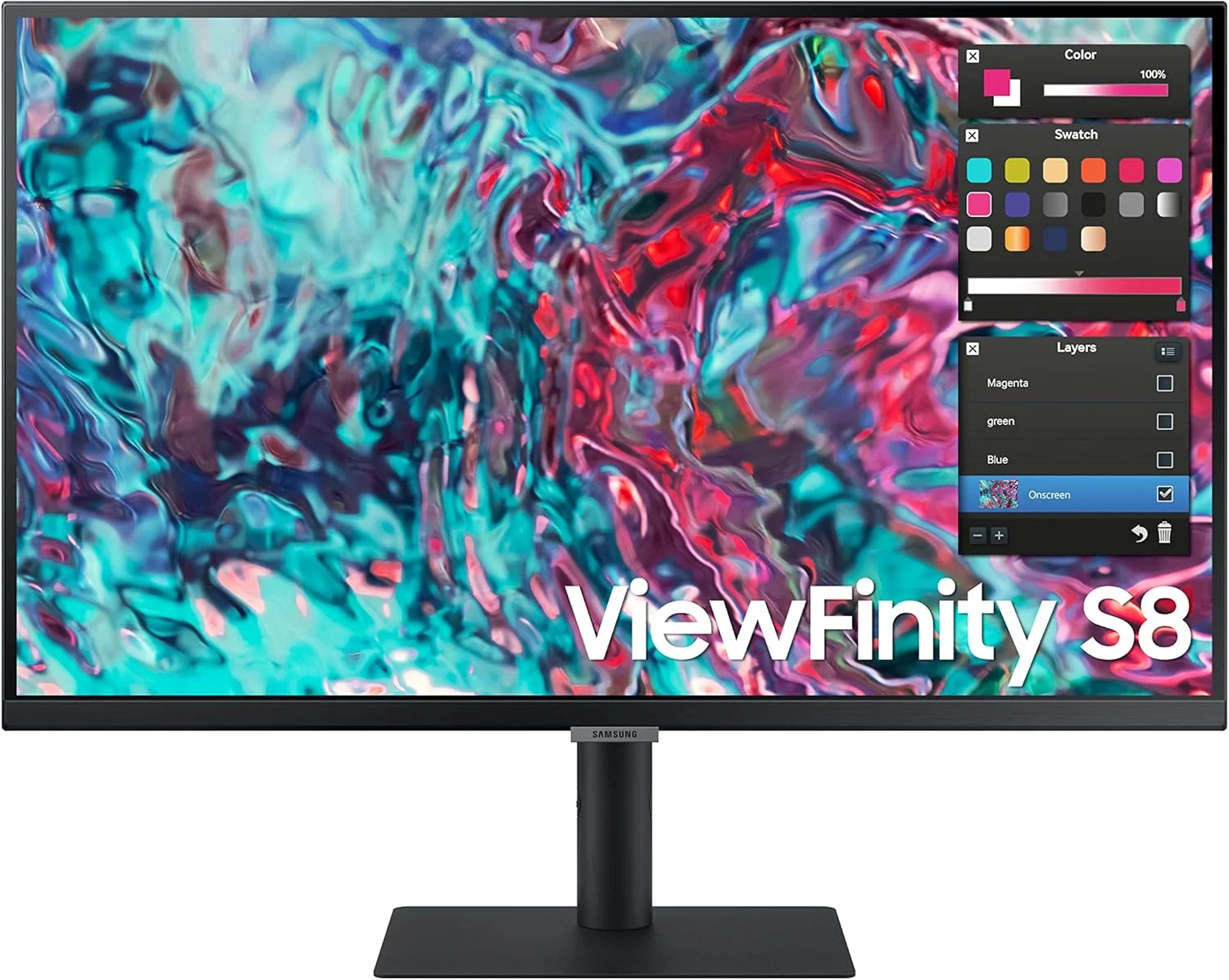 مانیتور 27 اینچی سامسونگ ViewFinity S8 Series 4K UHD با رزولوشن بالا، پنل IPS، نرخ نوسازی 60 هرتز، Thunderbolt 4، HDR 10+، بلندگوهای داخلی، پایه قابل تنظیم ارتفاع، مدل S27B804TGN، سال 2022