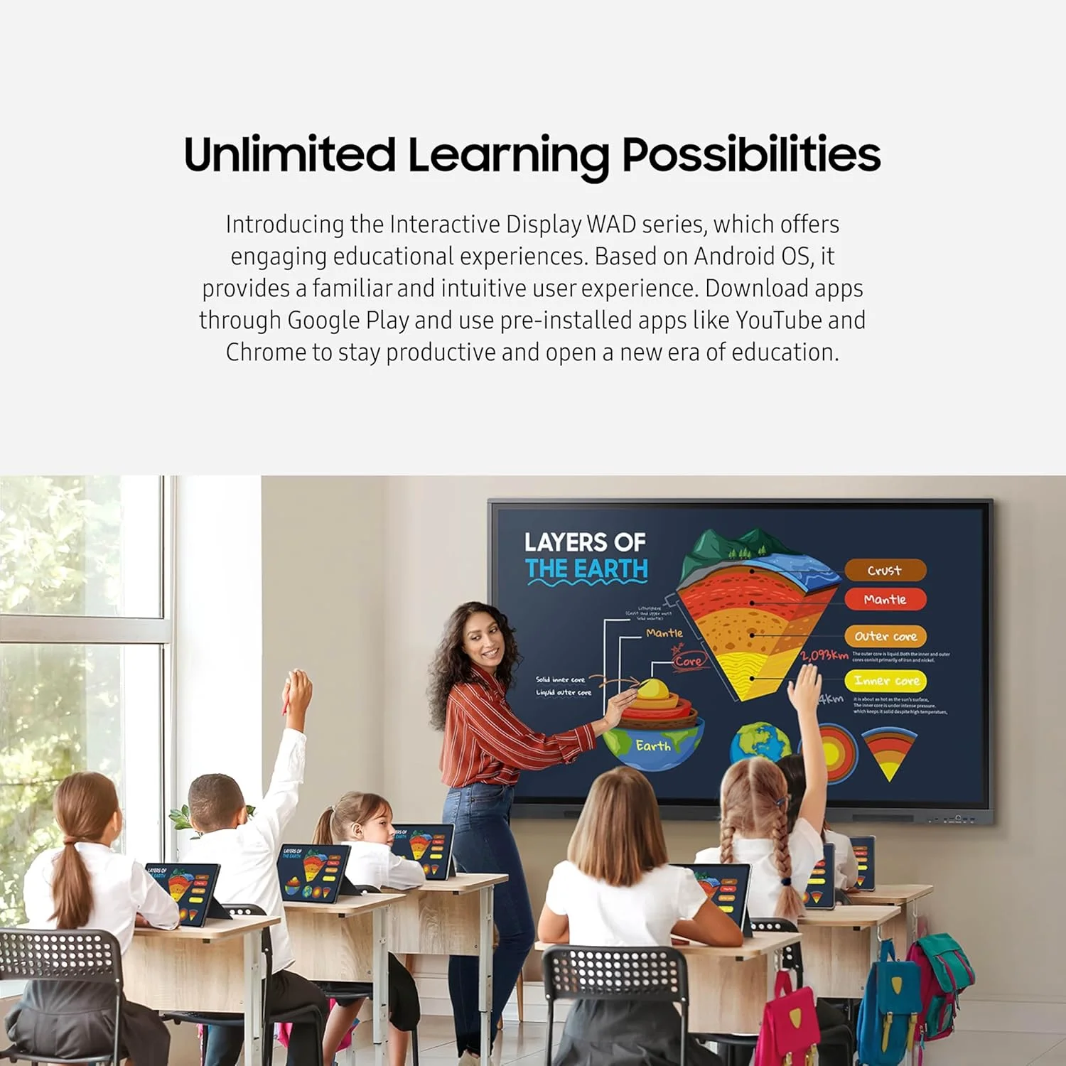 نمایشگر تعاملی 86 اینچی سامسونگ WAD، دارای گواهینامه EDLA برای دسترسی به خدمات گوگل، قابلیت چند لمسی، عملکرد قلم دوگانه، پورت USB-C 3 در 1، اسلات OPS، مدل LH86WADWLGCXZA