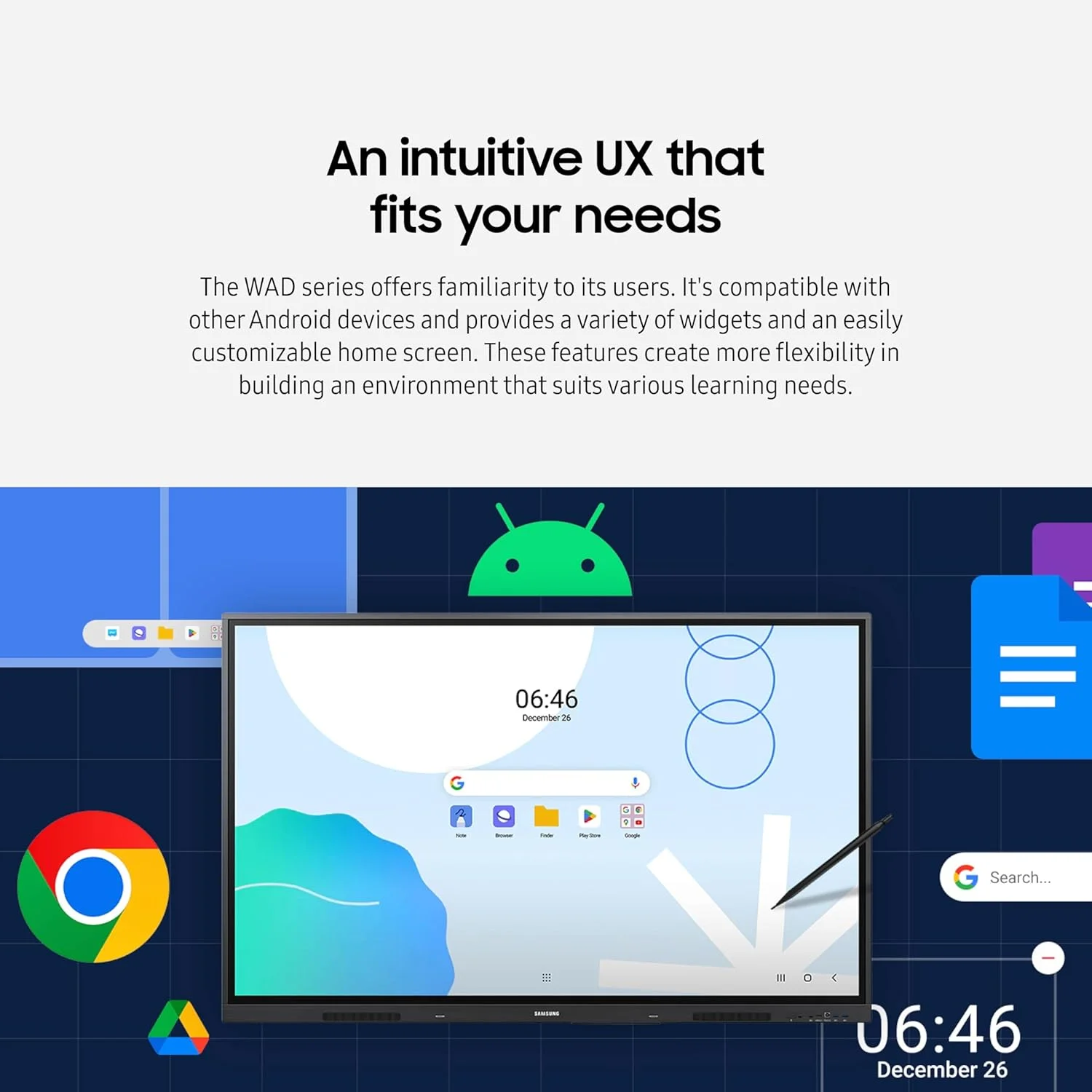 نمایشگر تعاملی 86 اینچی سامسونگ WAD، دارای گواهینامه EDLA برای دسترسی به خدمات گوگل، قابلیت چند لمسی، عملکرد قلم دوگانه، پورت USB-C 3 در 1، اسلات OPS، مدل LH86WADWLGCXZA