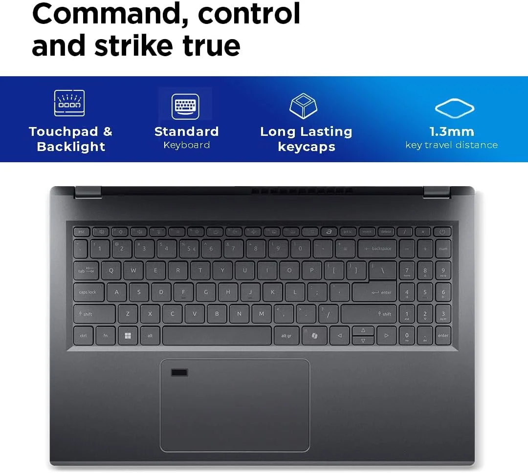 لپ تاپ Acer Aspire 15 مدل A15-51M-56A1 | پردازنده Intel Core i5 120U Deca-Core | نمایشگر 15.6 اینچی FHD ComfyView | رم 8 گیگابایتی LPDDR5 | حافظه SSD 512 گیگابایتی PCIe Gen 4 | حسگر اثر انگشت | Wi-Fi 6 | ویندوز 11 پرو (ارتقا یافته)