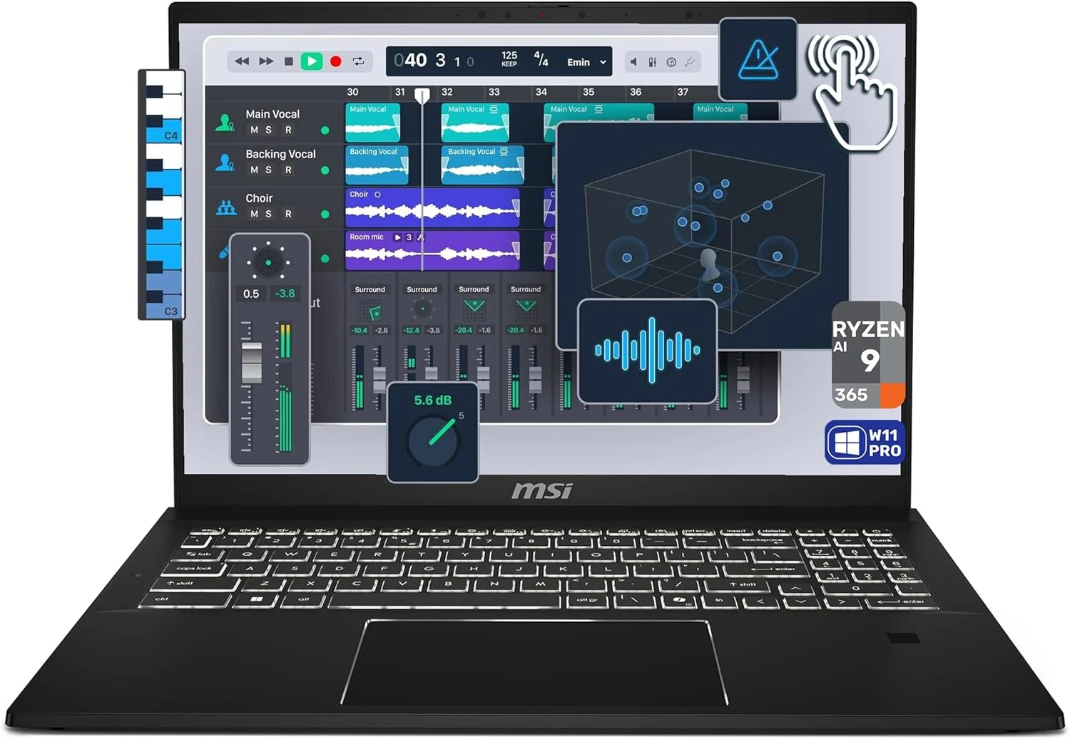 لپ تاپ MSI Summit A16 AI+، پردازنده AMD Ryzen AI 9-365، رم 32 گیگابایتی LPDDR5x، حافظه SSD PCIe 4 ترابایتی، صفحه نمایش لمسی 16 اینچی QHD+ (2560x1600)، کارت گرافیک یکپارچه AMD Radeon 880M، کیبورد با نور پس زمینه سفید، ویندوز 11 پرو، مشکی جوهری