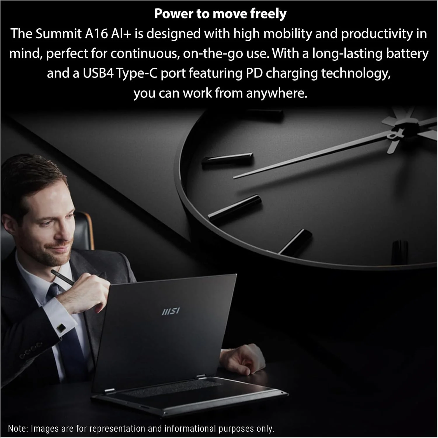 لپ تاپ MSI Summit A16 AI+، پردازنده AMD Ryzen AI 9-365، رم 32 گیگابایتی LPDDR5x، حافظه SSD PCIe 4 ترابایتی، صفحه نمایش لمسی 16 اینچی QHD+ (2560x1600)، کارت گرافیک یکپارچه AMD Radeon 880M، کیبورد با نور پس زمینه سفید، ویندوز 11 پرو، مشکی جوهری