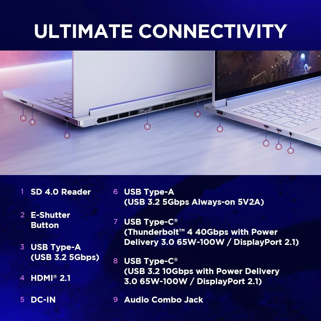 لپ تاپ گیمینگ هوش مصنوعی Lenovo Legion 7 16IAX10 با صفحه نمایش 16 اینچی WQXGA OLED 240Hz، پردازنده Intel Ultra 9 275HX، رم 32 گیگابایتی، حافظه SSD 2 ترابایتی، کارت گرافیک RTX 5070 8GB GDDR7، کیبورد RGB انگلیسی-عربی، ویندوز 11، سفید یخچالی [83KY001NAX] + 2 سال گارانتی Premium Care