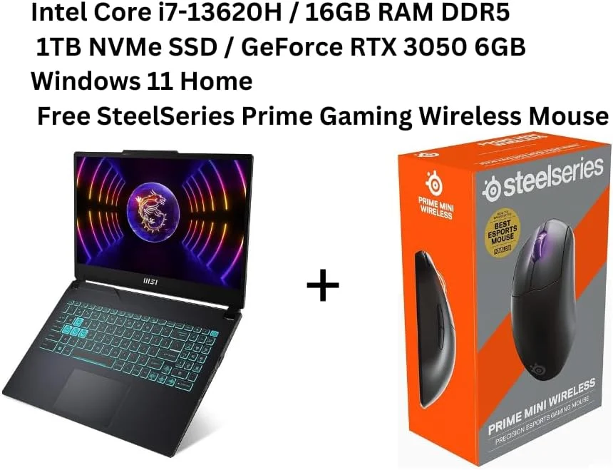 لپ تاپ گیمینگ MSI Cyborg 15 - 15.6 اینچ FHD 144Hz، پردازنده Intel Core i7-13620H، کارت گرافیک GeForce RTX 3050 6GB، حافظه SSD NVMe 1 ترابایتی، ویندوز 11، موس بی سیم Black SteeI (NVIDIA GeForce RTX3050 6GB | 1TB | 16GB RAM | Windows 11 Home) لپ تاپ گیمینگ MSI Cyborg 15 - 15.6 اینچ FHD 144Hz، پردازنده Intel Core i7-13620H، کارت گرافیک GeForce RTX 3050 6GB، حافظه SSD NVMe 1 ترابایتی، ویندوز 11، موس بی سیم Black SteeI (NVIDIA GeForce RTX3050 6GB | 1TB | 16GB RAM | Windows 11 Home)