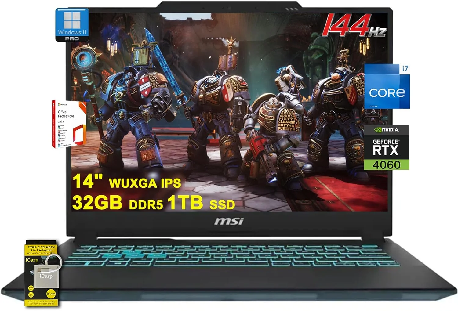 لپ تاپ گیمینگ MSI Cyborg 14، صفحه نمایش 14 اینچی WUXGA IPS 144Hz (100% sRGB)، پردازنده 10 هسته ای Intel i7-13620H، رم 32 گیگابایت DDR5، حافظه 1 ترابایت SSD، کارت گرافیک GeForce RTX 4060، نور پس زمینه صفحه کلید، USB-C، ویندوز 11 پرو به همراه ICP Hub