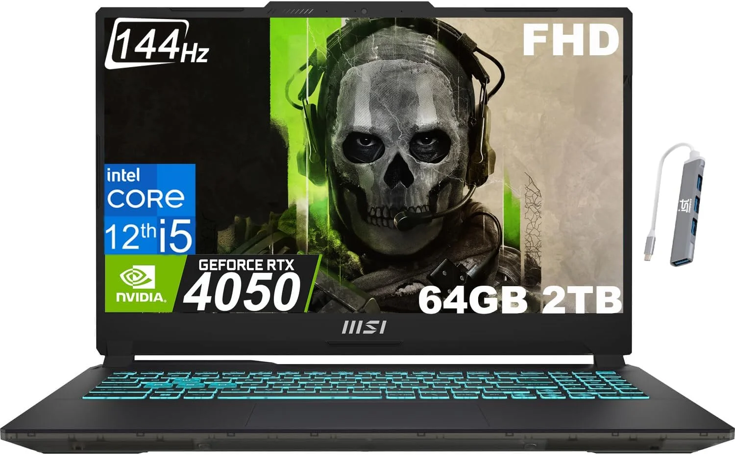 لپ تاپ گیمینگ MSI Cyborg 15 Thin GF63، صفحه نمایش 15.6 اینچی FHD 144Hz (پردازنده 12 هسته ای Intel i5-12450H، رم 64 گیگابایتی DDR5، حافظه SSD 2 ترابایتی، کارت گرافیک GeForce RTX 4050 (بهتر از 3060)، کیبورد با نور پس زمینه، وب کم، WiFi 6، هاب IST، مشکی)