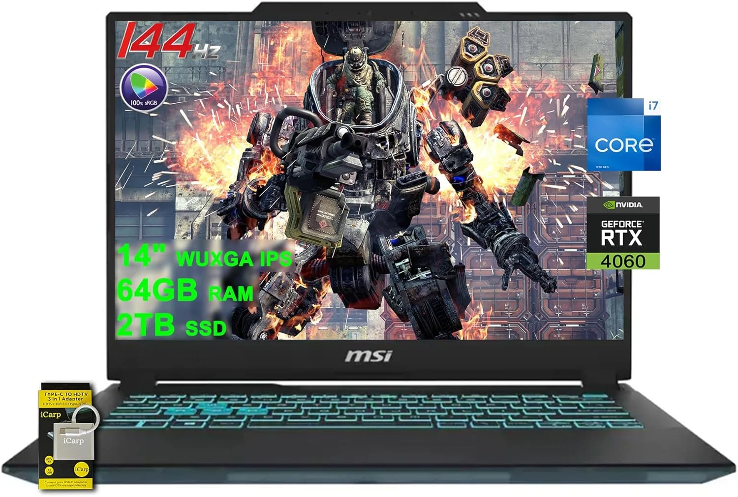 لپ تاپ گیمینگ MSI Cyborg 14، صفحه نمایش 14 اینچی WUXGA IPS 144Hz (100% sRGB)، پردازنده 10 هسته ای Intel i7-13620H، رم 64 گیگابایتی، حافظه SSD 2 ترابایتی، کارت گرافیک GeForce RTX 4060، نور پس زمینه USB-C، ویندوز 11 به همراه لوازم جانبی ICP