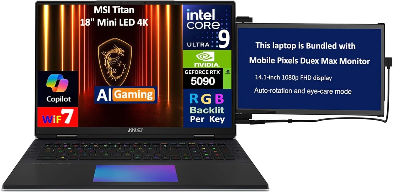 لپ تاپ گیمینگ MSI Titan AI 18 اینچی با نمایشگر Mini LED 4K 120 هرتز (Intel Ultra 9-285HX، GeForce RTX 5090 24GB، 64GB DDR5، 2x8TB PCIe SSD (16TB)، کیبورد RGB با نورپردازی مجزا برای هر کلید، Windows 11 Pro) همراه با مانیتور Duex Max DS