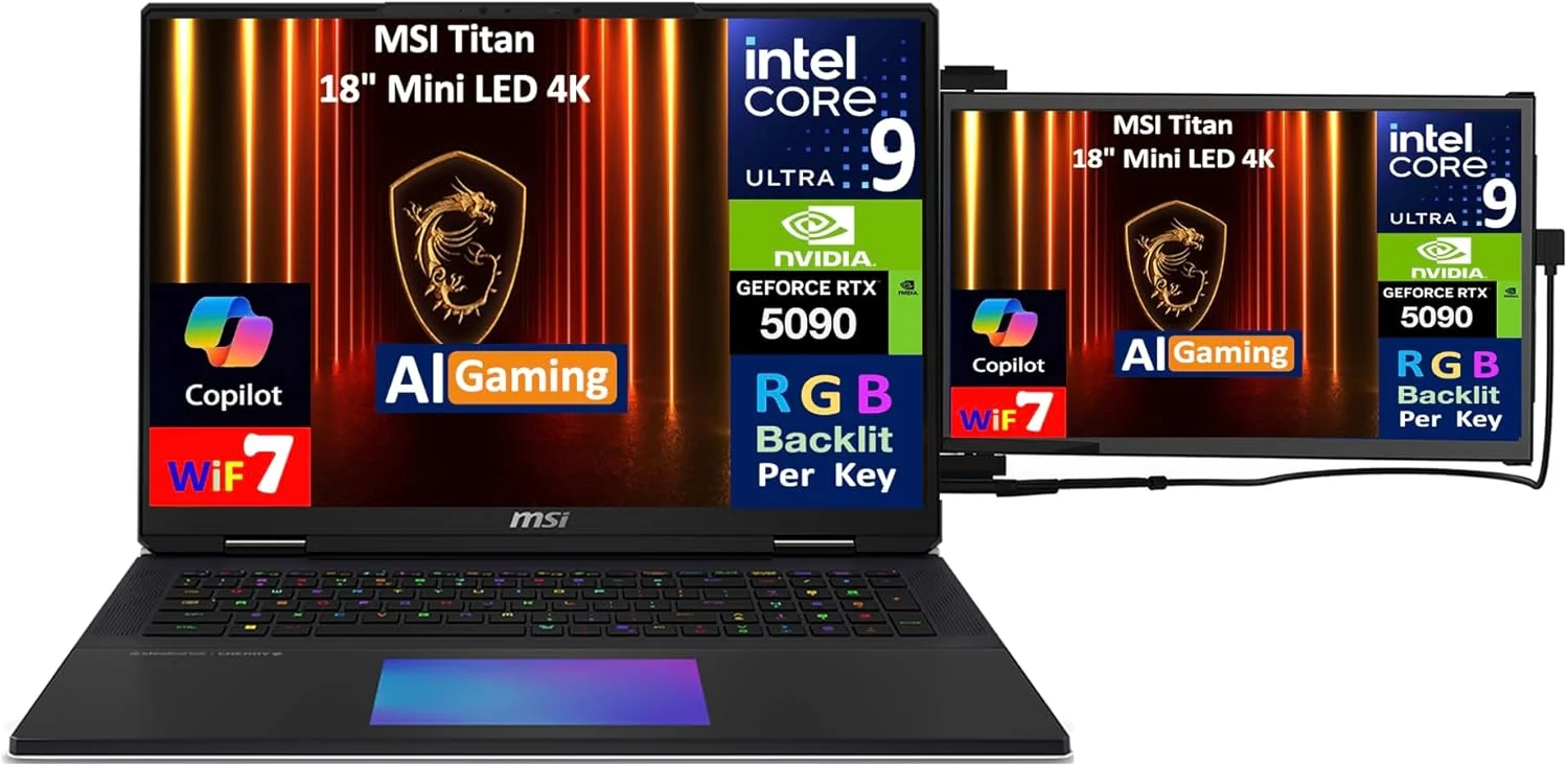 لپ تاپ گیمینگ MSI Titan AI 18 اینچی با نمایشگر Mini LED 4K 120 هرتز (Intel Ultra 9-285HX، GeForce RTX 5090 24GB، 64GB DDR5، 2x8TB PCIe SSD (16TB)، کیبورد RGB با نورپردازی مجزا برای هر کلید، Windows 11 Pro) همراه با مانیتور Duex Max DS