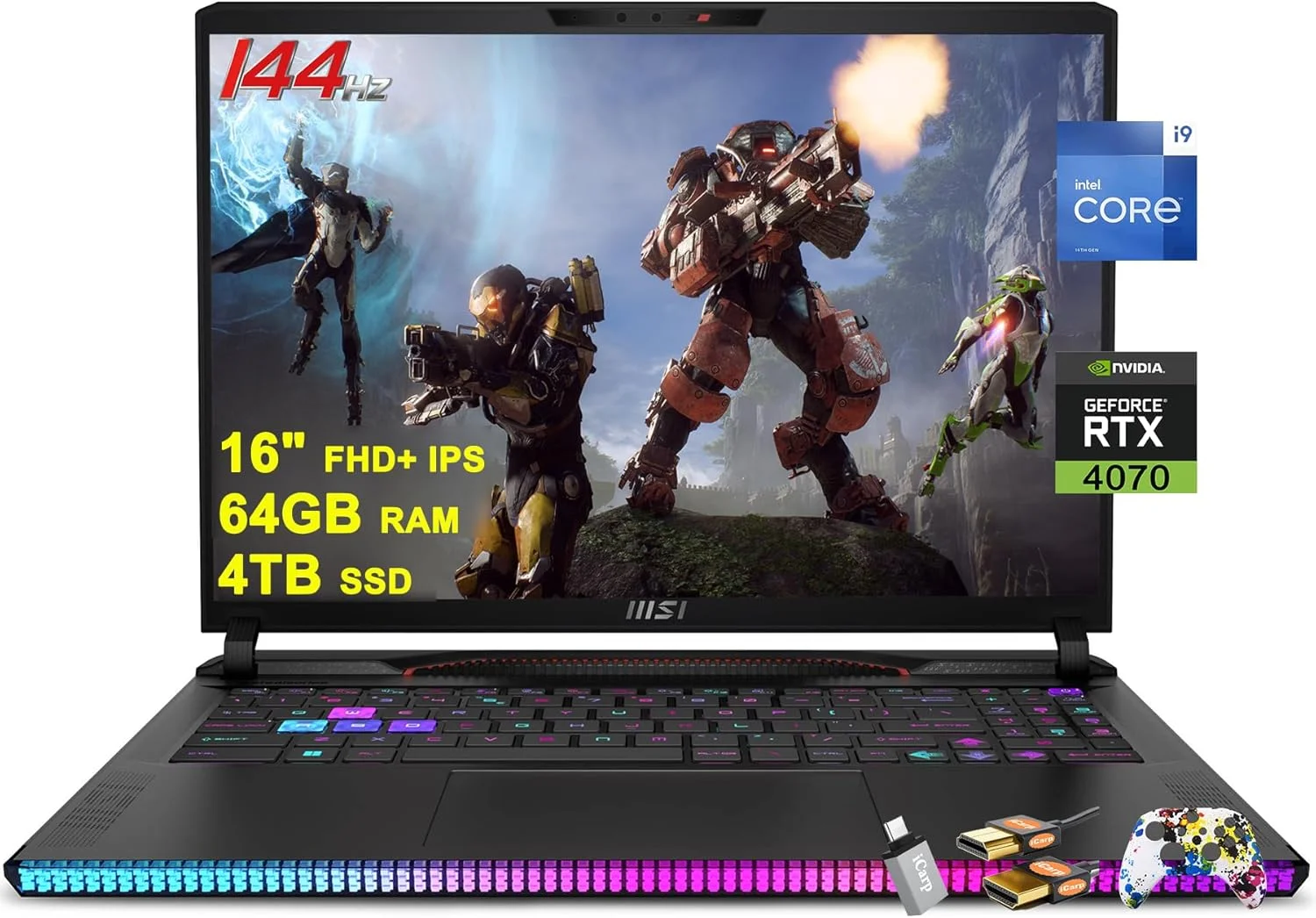 لپ تاپ گیمینگ MSI Raider GE68HX با صفحه نمایش 16 اینچی FHD+ IPS 144Hz، پردازنده 24 هسته ای Intel i9-14900HX، رم 64 گیگابایتی، حافظه SSD 4 ترابایتی، کارت گرافیک GeForce RTX 4070، نور پس زمینه RGB، تاندربولت 4، USB-C، Dynaudio، دوربین حریم خصوصی FHD IR، ویندوز 11 به همراه لوازم جانبی ICP