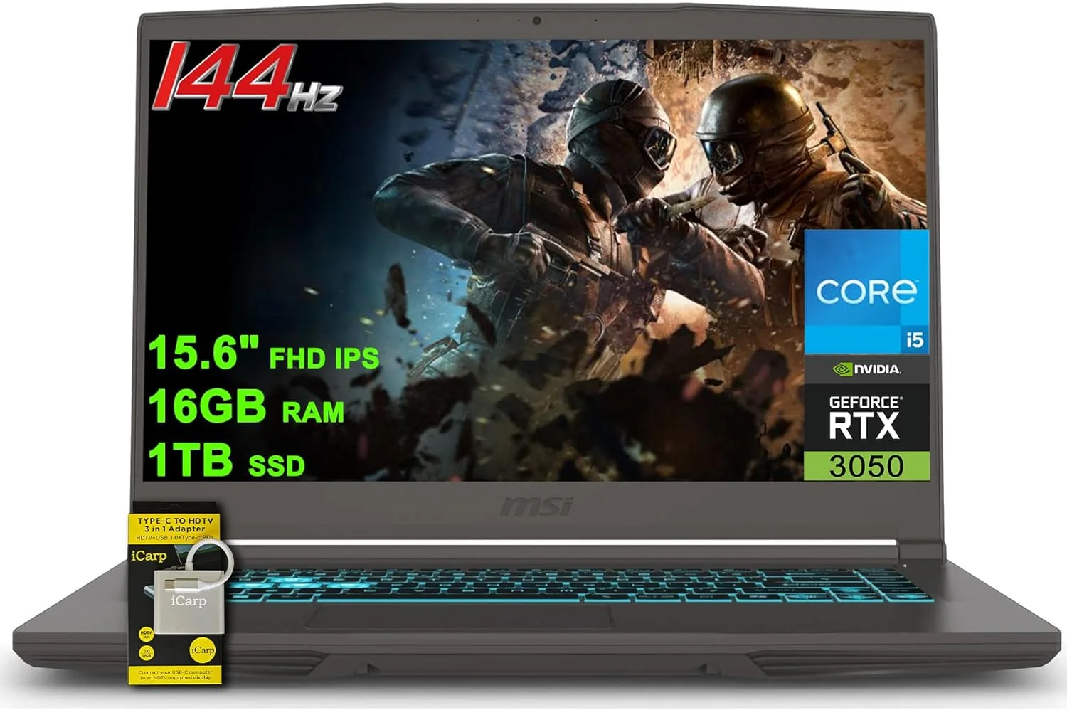 لپ تاپ گیمینگ MSI Thin 15، صفحه نمایش 15.6 اینچی FHD IPS 144Hz، پردازنده 8 هسته ای Intel i5-12450H (بهتر از i7-11800H)، رم 16 گیگابایتی، SSD 1 ترابایتی، کارت گرافیک GeForce RTX 3050، نور پس زمینه صفحه کلید، USB-C، ویندوز 11 به همراه لوازم جانبی ICP