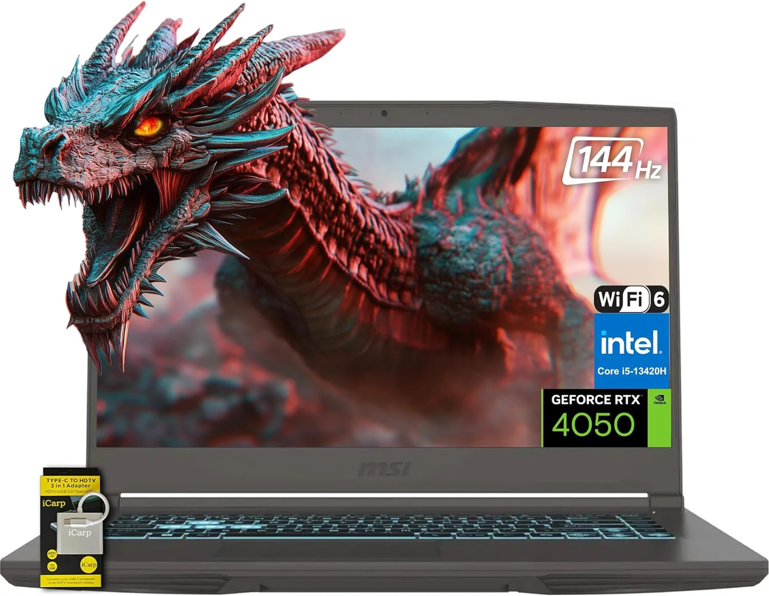 لپ تاپ گیمینگ MSI Thin 15.6 اینچی FHD 144Hz IPS، پردازنده نسل سیزدهم Intel Core i5-13420H، کارت گرافیک NVIDIA GeForce RTX 4050، رم 16 گیگابایتی، SSD 512 گیگابایتی، WiFi 6، کیبورد با نور پس زمینه، Cooler Boost، ویندوز 11 به همراه ICP Hub