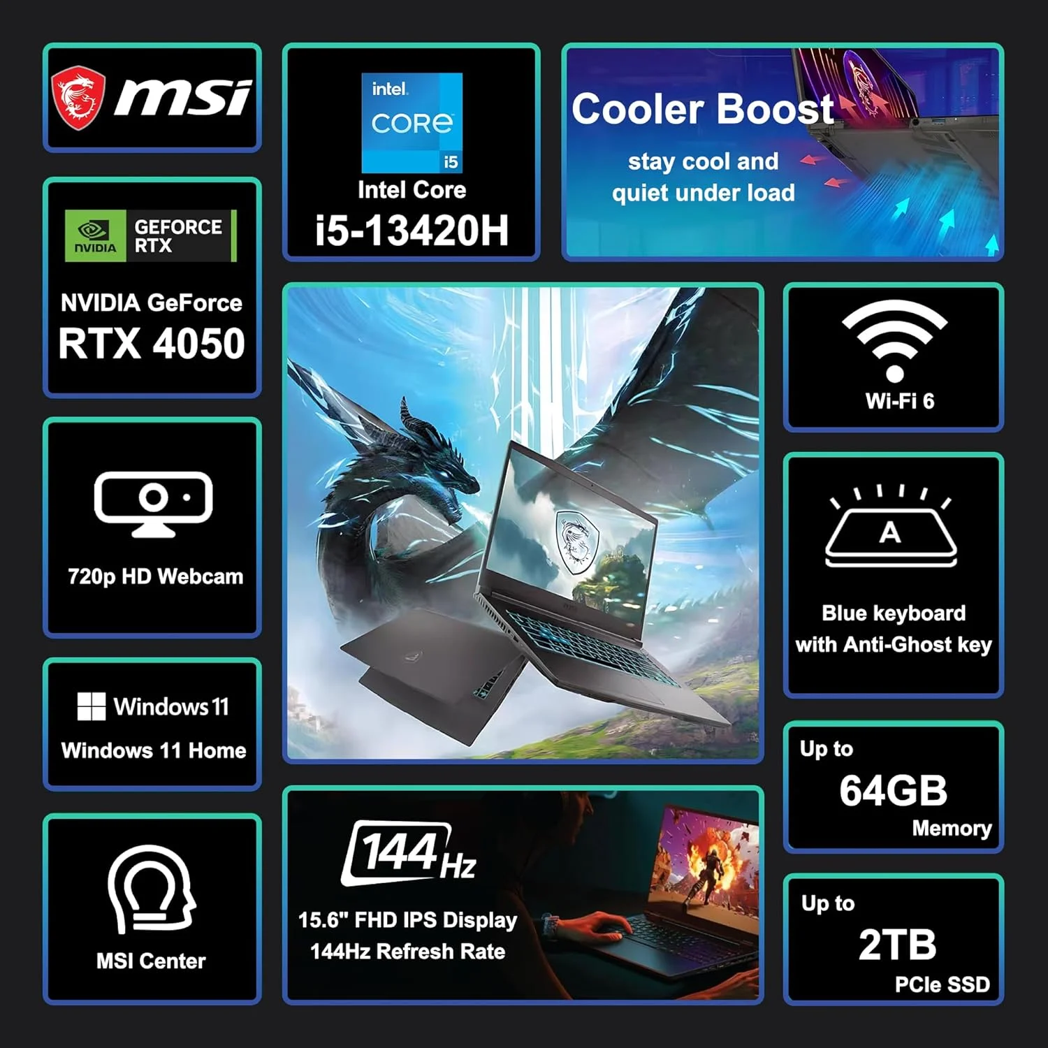 لپ تاپ گیمینگ MSI Thin 15.6 اینچی FHD 144Hz IPS، پردازنده نسل سیزدهم Intel Core i5-13420H، کارت گرافیک NVIDIA GeForce RTX 4050، رم 16 گیگابایتی، SSD 512 گیگابایتی، WiFi 6، کیبورد با نور پس زمینه، Cooler Boost، ویندوز 11 به همراه ICP Hub لپ تاپ گیمینگ MSI Thin 15.6 اینچی FHD 144Hz IPS، پردازنده نسل سیزدهم Intel Core i5-13420H، کارت گرافیک NVIDIA GeForce RTX 4050، رم 16 گیگابایتی، SSD 512 گیگابایتی، WiFi 6، کیبورد با نور پس زمینه، Cooler Boost، ویندوز 11 به همراه ICP Hub