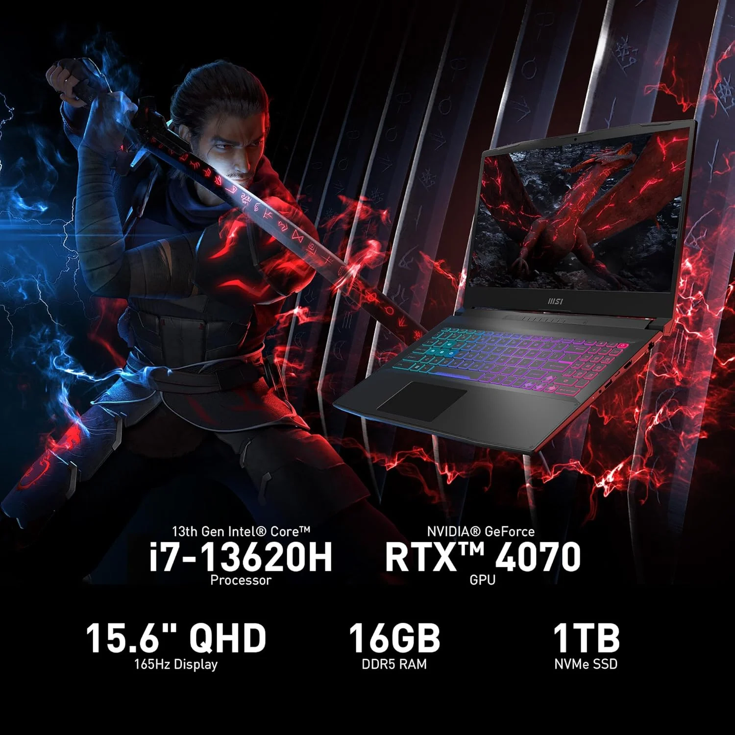 لپ تاپ گیمینگ MSI Katana 15 با صفحه نمایش 15.6 اینچی 165 هرتز QHD: پردازنده Intel Core i7-13620H، کارت گرافیک NVIDIA Geforce RTX 4070، رم 16 گیگابایتی DDR5، حافظه SSD NVMe 1 ترابایتی، Cooler Boost 5، ویندوز 11: مشکی B13VGK-2000US