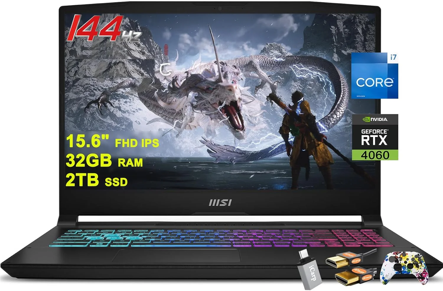 لپ تاپ گیمینگ MSI Katana A15 با صفحه نمایش 15.6 اینچی FHD IPS 144Hz، پردازنده 10 هسته ای Intel i7-13620H (بهتر از i9-12900H)، رم 32 گیگابایتی، حافظه SSD 2 ترابایتی، کارت گرافیک GeForce RTX 4060 8GB، نور پس زمینه RGB، پورت USB-C، Nahimic و ویندوز 11 به همراه لوازم جانبی ICP