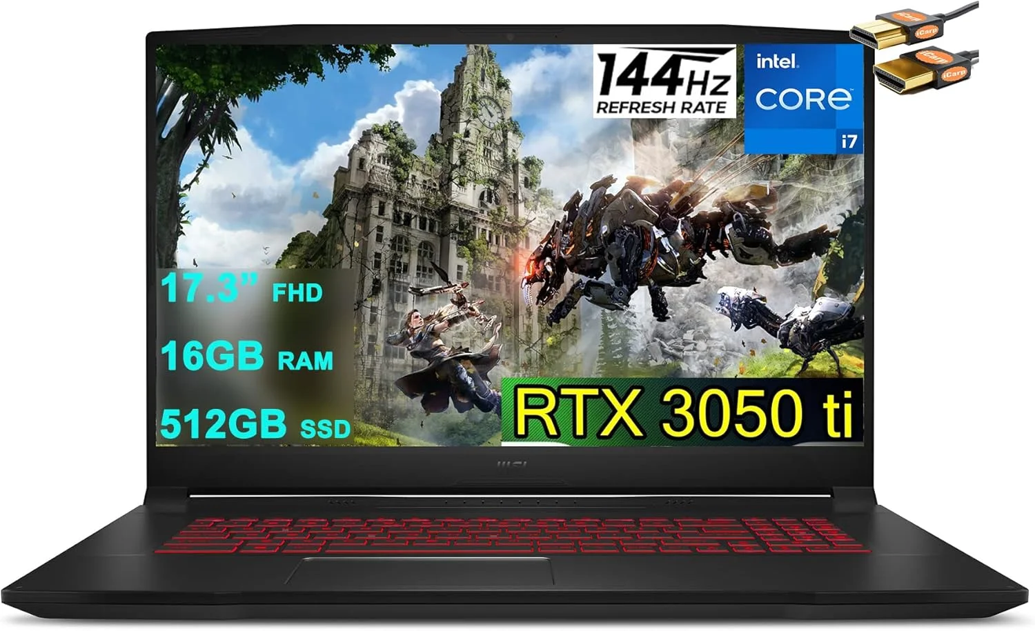 لپ تاپ گیمینگ MSI Katana GF76 17، صفحه نمایش 17.3 اینچی FHD IPS 144Hz، پردازنده نسل 11 اینتل 8 هسته ای i7-11800H، رم 16 گیگابایتی، SSD 512 گیگابایتی، کارت گرافیک GeForce RTX 3050 Ti 4GB، نور پس زمینه، USB-C، Nahimic، ویندوز 10 مشکی + کابل HDMI (ارتقا یافته)