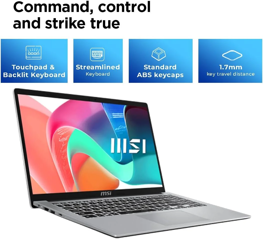 لپ تاپ MSI Modern 15 (9S7-15S122-449) - پردازنده Intel Core i5-1334U | رم 16 گیگابایت | حافظه SSD 512 گیگابایت | صفحه نمایش 15.6 اینچی FHD IPS | گرافیک Iris Xe | ویندوز 11 پرو (ارتقا یافته) | کیبورد با نور پس زمینه | نقره ای
