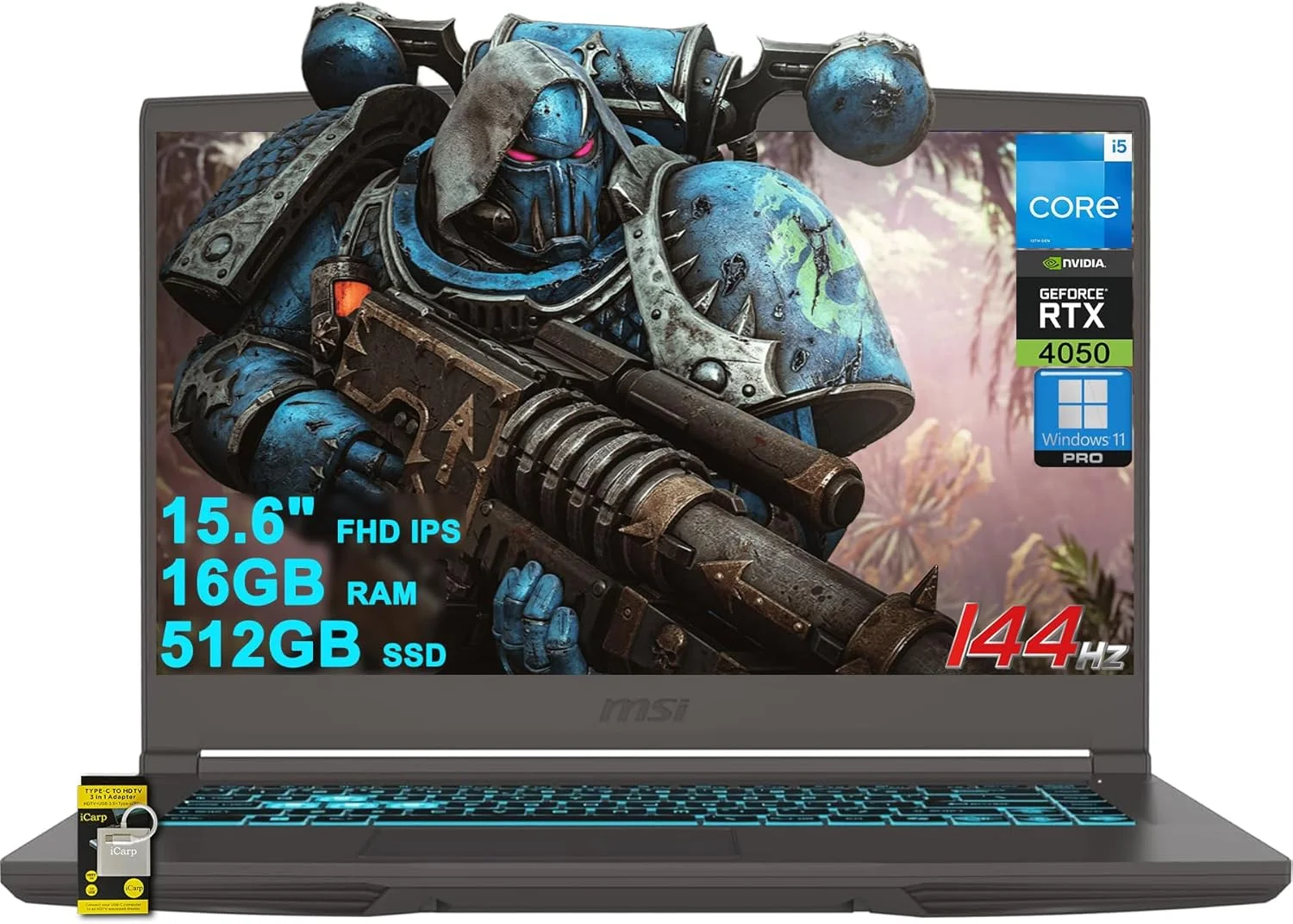 لپ تاپ گیمینگ MSI Thin 15، صفحه نمایش 15.6 اینچی FHD IPS 144Hz، پردازنده Intel Octa-core i5-13420H (بهتر از i7-11800H)، رم 16 گیگابایتی، SSD 512 گیگابایتی، کارت گرافیک GeForce RTX 4050، نور پس زمینه صفحه کلید، USB-C، ویندوز 11 پرو به همراه ICP Hub
