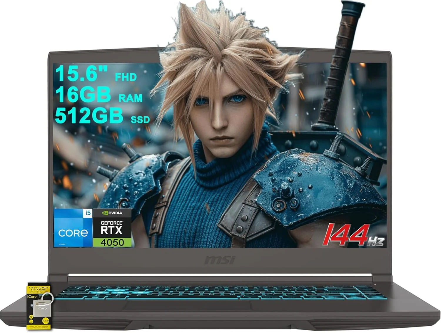 لپ تاپ گیمینگ MSI Thin 15، صفحه نمایش 15.6 اینچ FHD IPS 144Hz، پردازنده Intel Octa-core i5-13420H (بهتر از i7-11800H)، رم 16 گیگابایت، حافظه SSD 512 گیگابایت، کارت گرافیک GeForce RTX 4050، نور پس زمینه صفحه کلید، USB-C، ویندوز 11 به همراه ICP Hub