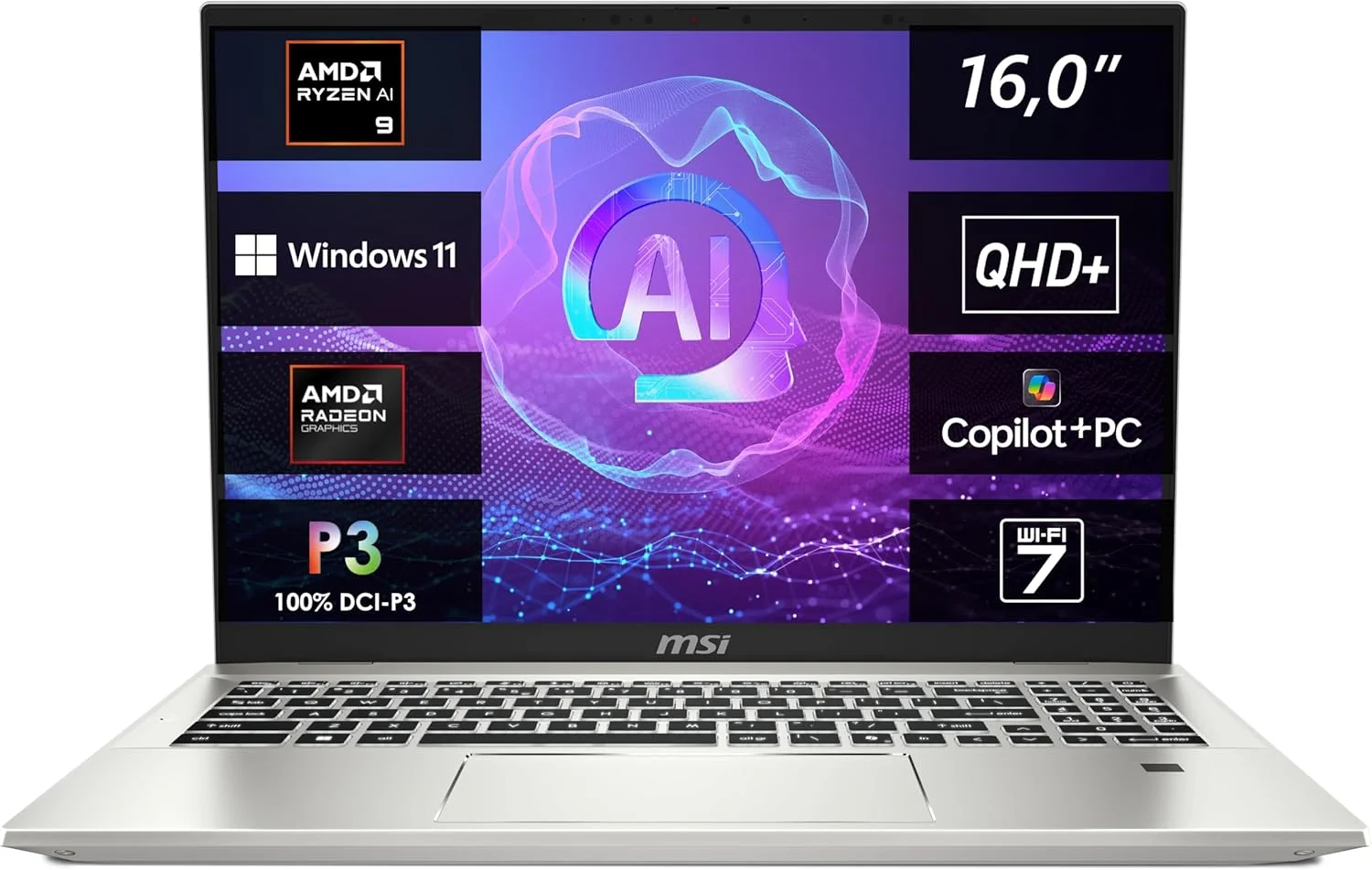 لپ تاپ تجاری MSI Prestige A16 AI+ با صفحه نمایش 16.0 اینچی QHD+، پردازنده AMD Ryzen™ AI 9 365، رم 32 گیگابایتی LPDDR5X-7500، حافظه 1 ترابایتی، کارت گرافیک AMD Radeon™ 880M، ویندوز 11 هوم، کیبورد QWERTZ، مدل A3HMG-036