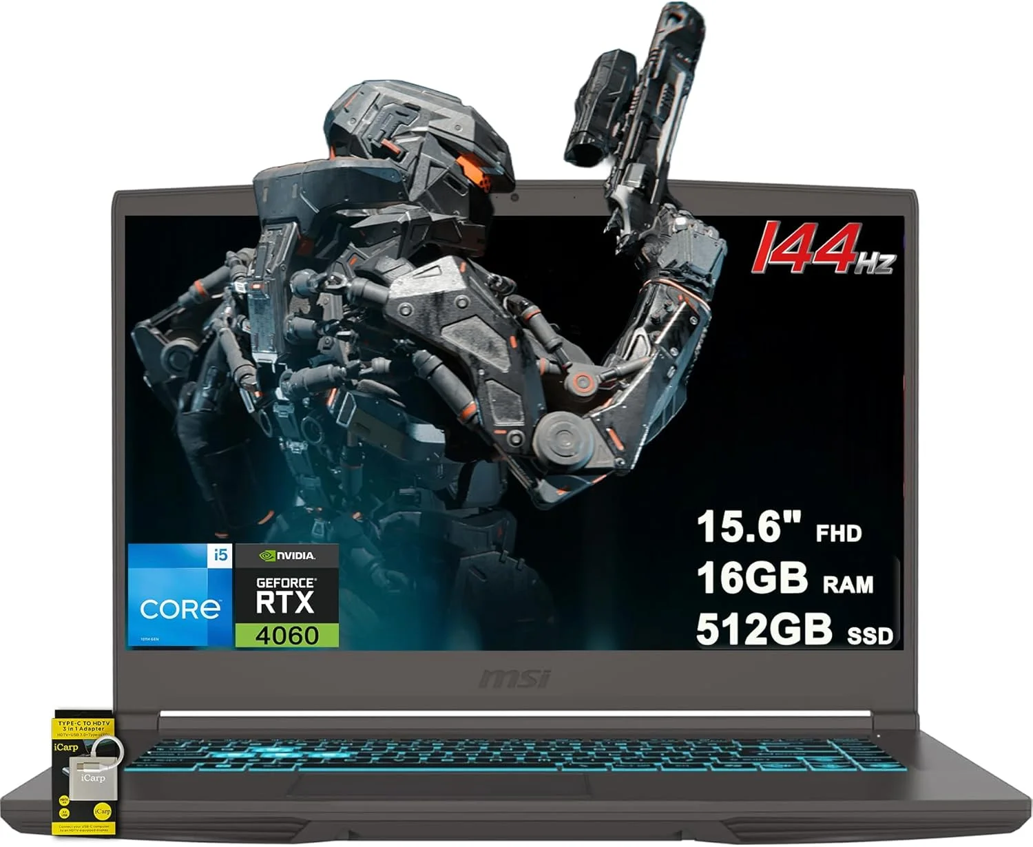 لپ تاپ گیمینگ MSI Thin 15 با صفحه نمایش 15.6 اینچی FHD IPS 144Hz، پردازنده Intel Octa-core i5-13420H (بهتر از i7-12650H)، رم 16 گیگابایتی، حافظه SSD 512 گیگابایتی، کارت گرافیک GeForce RTX 4060، نور پس زمینه صفحه کلید، USB-C و ویندوز 11 به همراه ICP Hub