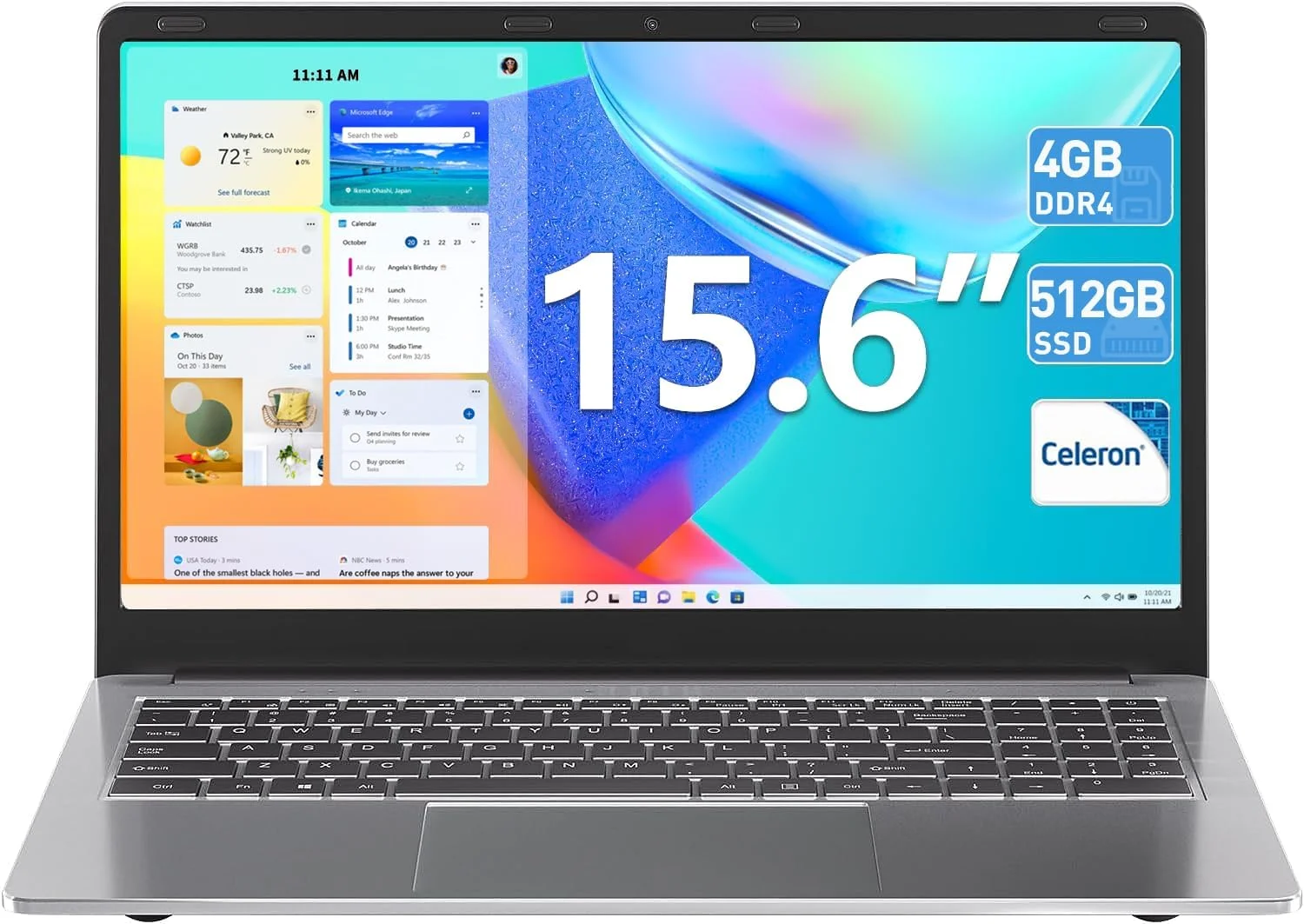 لپ تاپ های 15.6 اینچی SGIN، لپ تاپ کامپیوتر با 4 گیگابایت رم DDR4 و 512 گیگابایت SSD، پردازنده اینتل سلرون (تا 2.8 گیگاهرتز)، ویندوز 11، عربی/انگلیسی، وب کم، HDMI، USB3.0، WiFi، باتری 7000mAh (باریک)