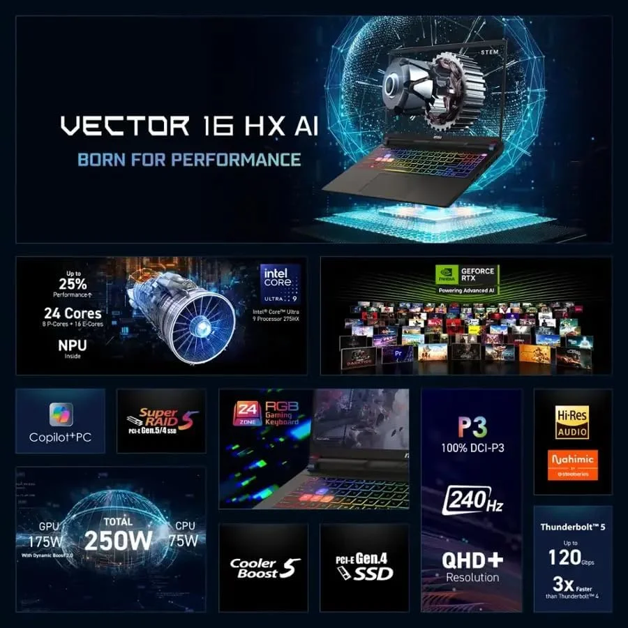 لپ تاپ گیمینگ MSI Vector 16 HX AI 400، نمایشگر 16 اینچی QHD+ LCD 240 هرتز، کارت گرافیک NVIDIA RTX 5080 16GB GDDR7، پردازنده Intel Ultra 9 275HX (تا 5.4 گیگاهرتز)، Thunderbolt 5، رم 64 گیگابایت DDR5، حافظه SSD 4 ترابایت، ویندوز 11 پرو، آفیس پرو مادام العمر