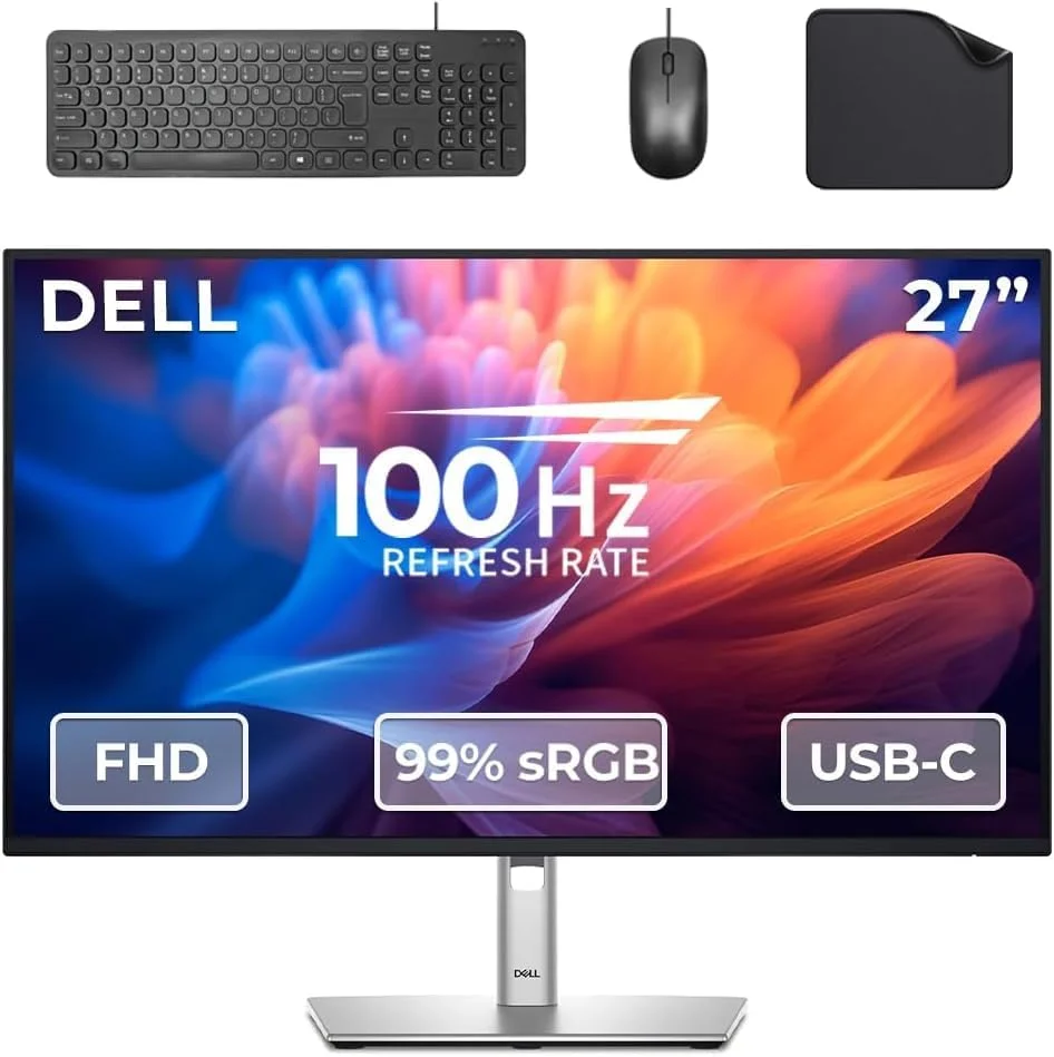 مانیتور 27 اینچی دل مدل P2725H با کیفیت Full HD (1980 x 1080) - نمایشگر UltraSharp IPS، رزولوشن، 100 هرتز، 5 میلی‌ثانیه، 99% sRGB، USB-C، DisplayPort، HDMI، VGA، 4x USB (شامل کیبورد سیمی + ماوس + پد ماوس)