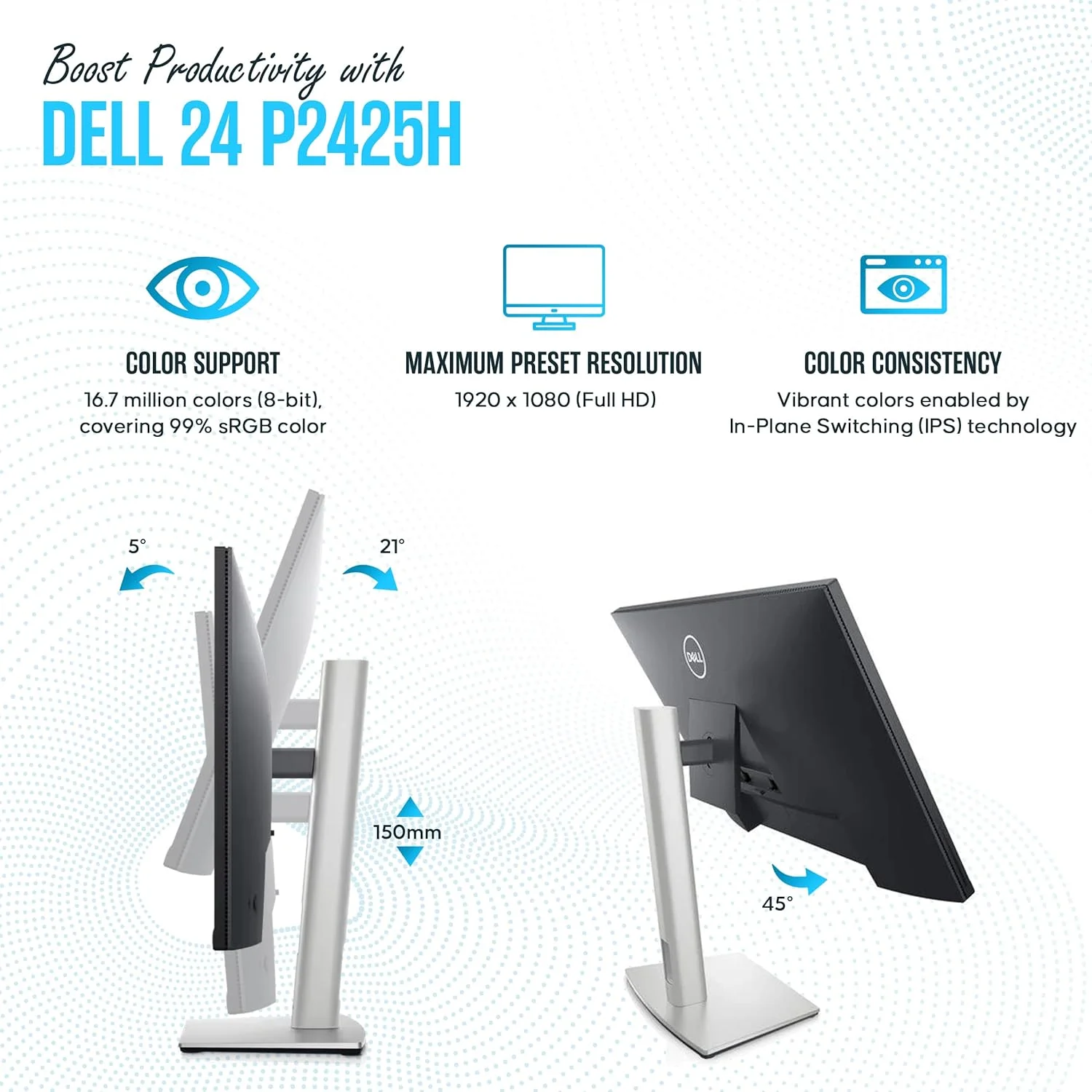 مانیتور کامپیوتر Koncept P2425H جایگزین Dell - صفحه نمایش 24 اینچ 16:9 IPS همراه با پایه - Full HD، 1920 x 1080 - 1 سال گارانتی - LED، 100 هرتز - با DisplayPort و کابل USB 3.0 Upstream - مدل جدید