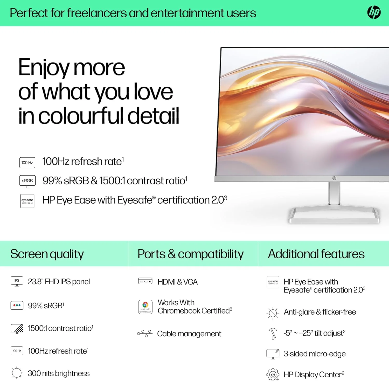 مانیتور HP سری 5-524sf، پنل 23.8 اینچی FHD IPS، نرخ تازه سازی 100 هرتز، HDMI و VGA، طراحی باریک و شیک، ضد تابش نور و بدون پرش تصویر، دارای گواهی Works With Chromebook [94C17AS]